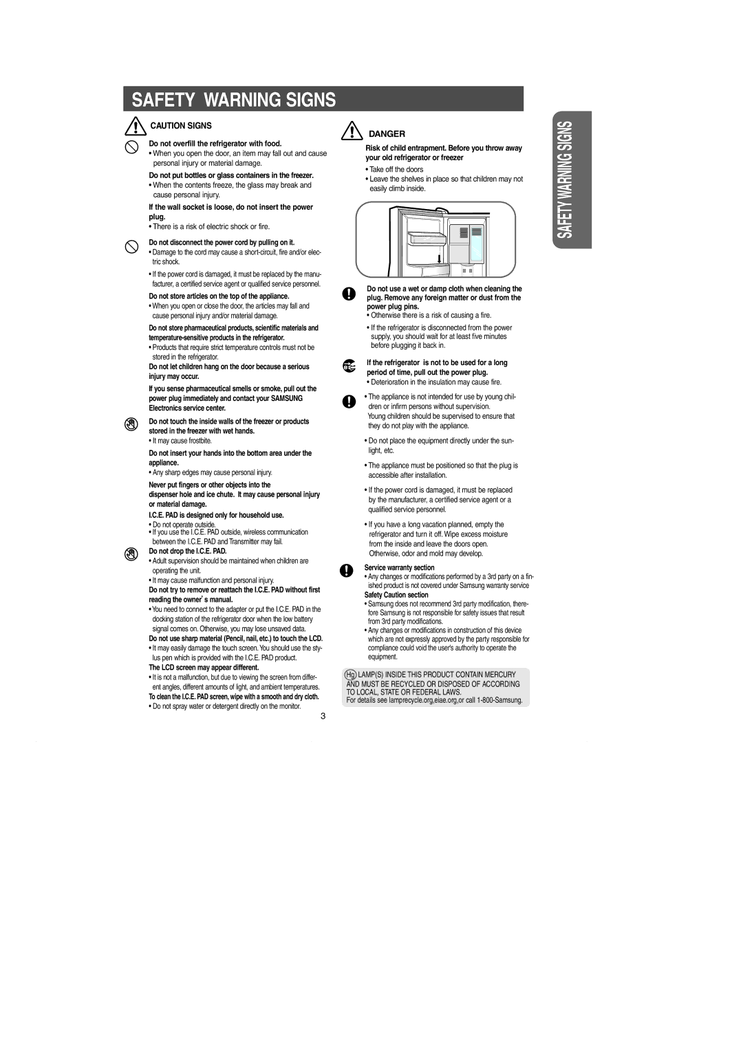 Samsung RH269LBSH owner manual Safety Warning Signs 