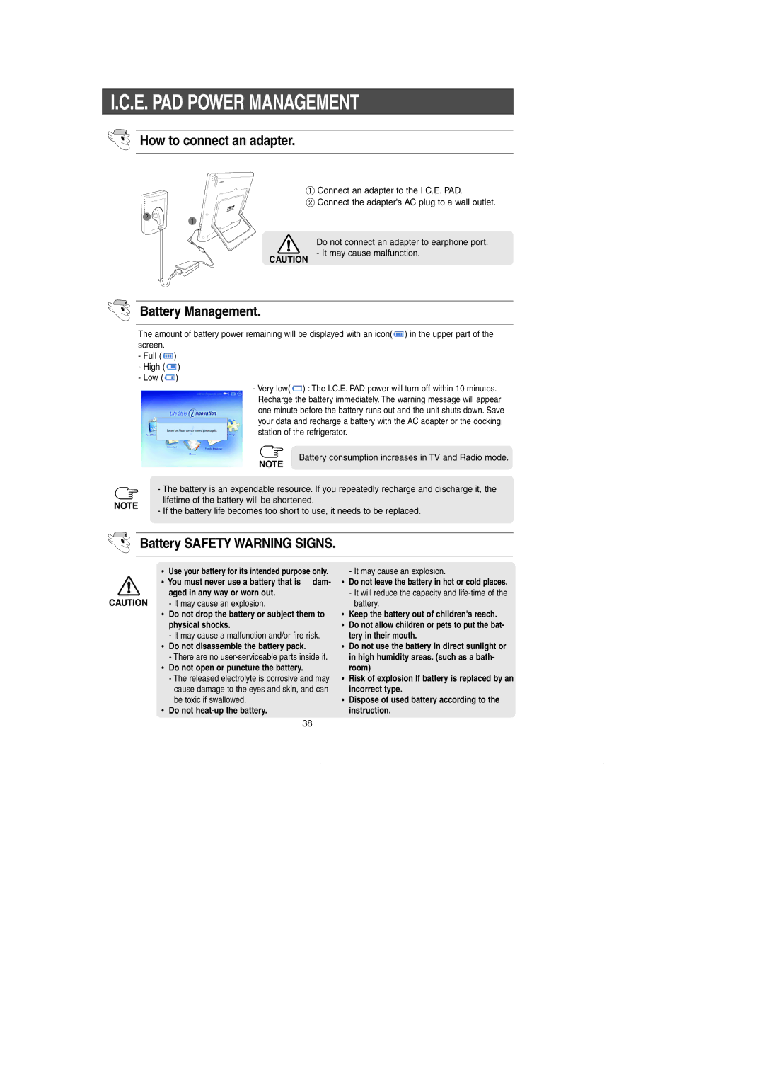 Samsung RH269LBSH owner manual How to connect an adapter, Battery Management, Battery Safety Warning Signs 