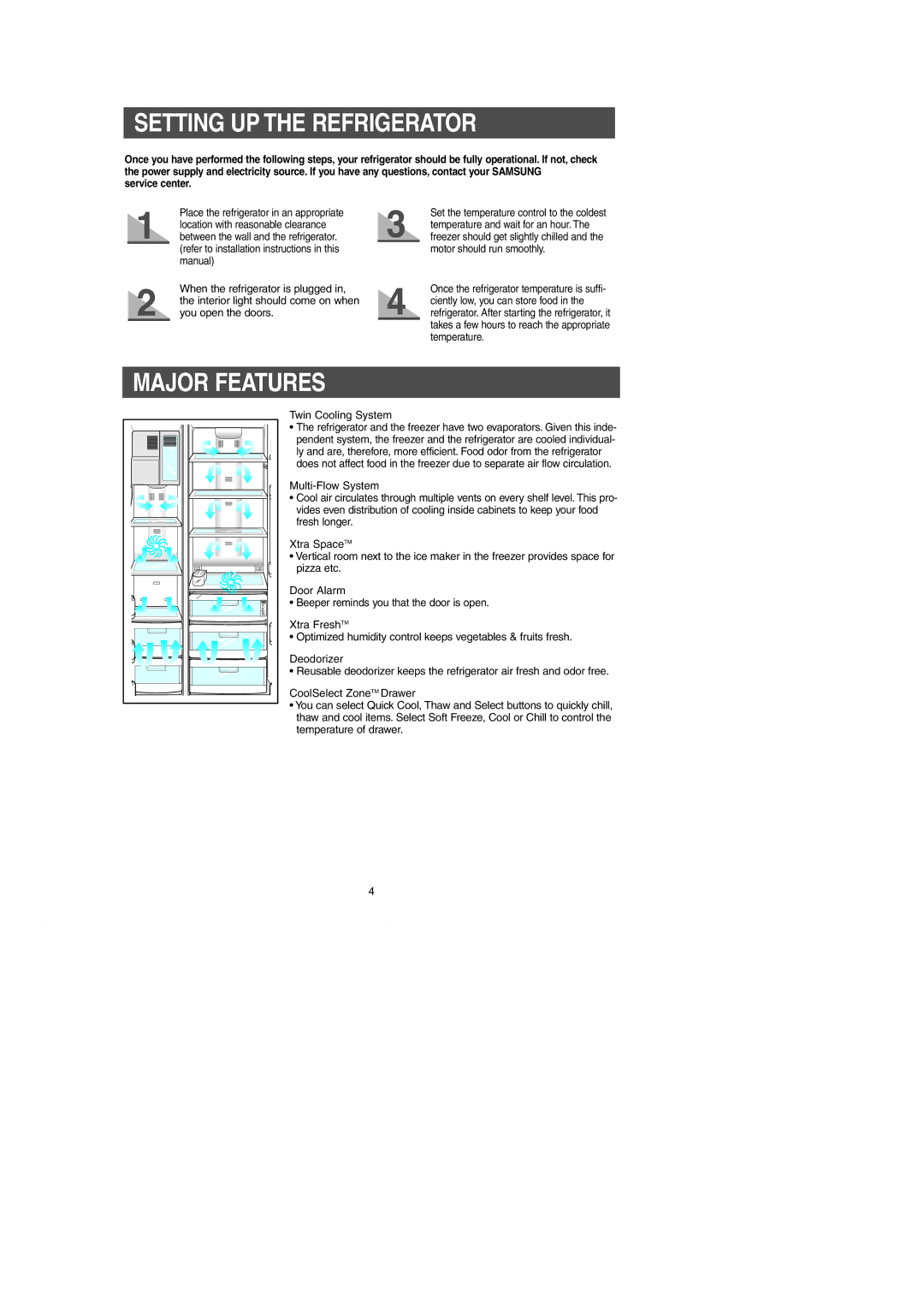 Samsung RH269LBSH owner manual Setting UP the Refrigerator, Major Features, Service center, Twin Cooling System 