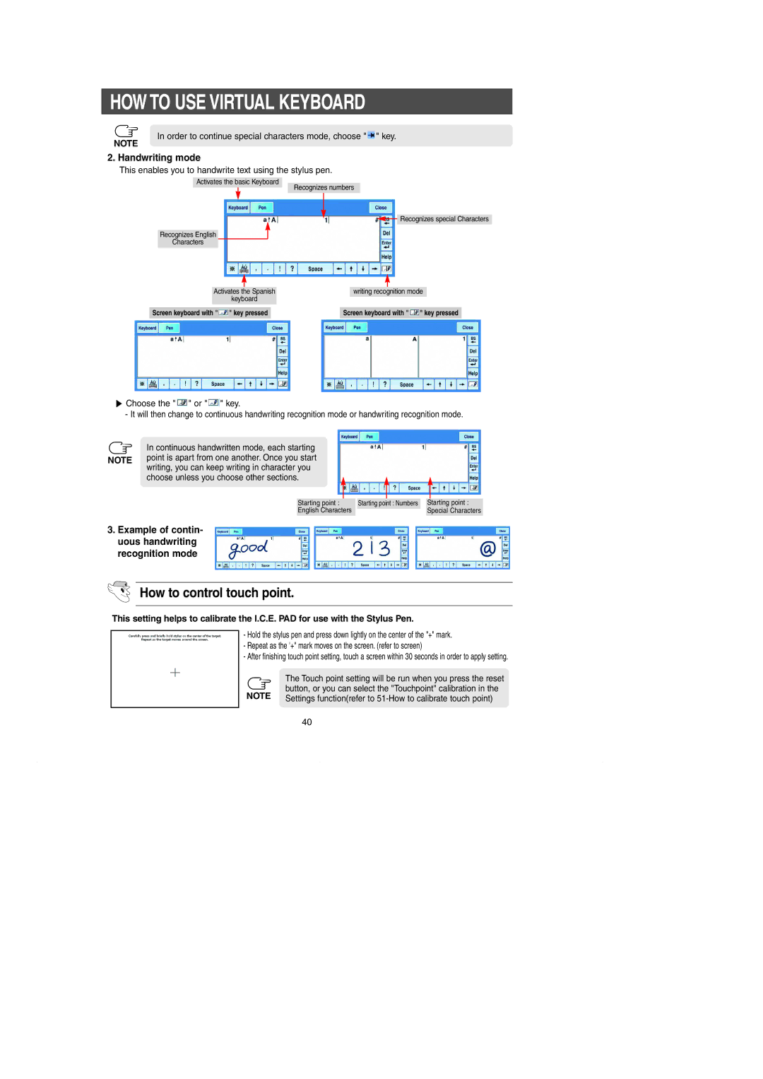 Samsung RH269LBSH owner manual How to control touch point, Order to continue special characters mode, choose key 