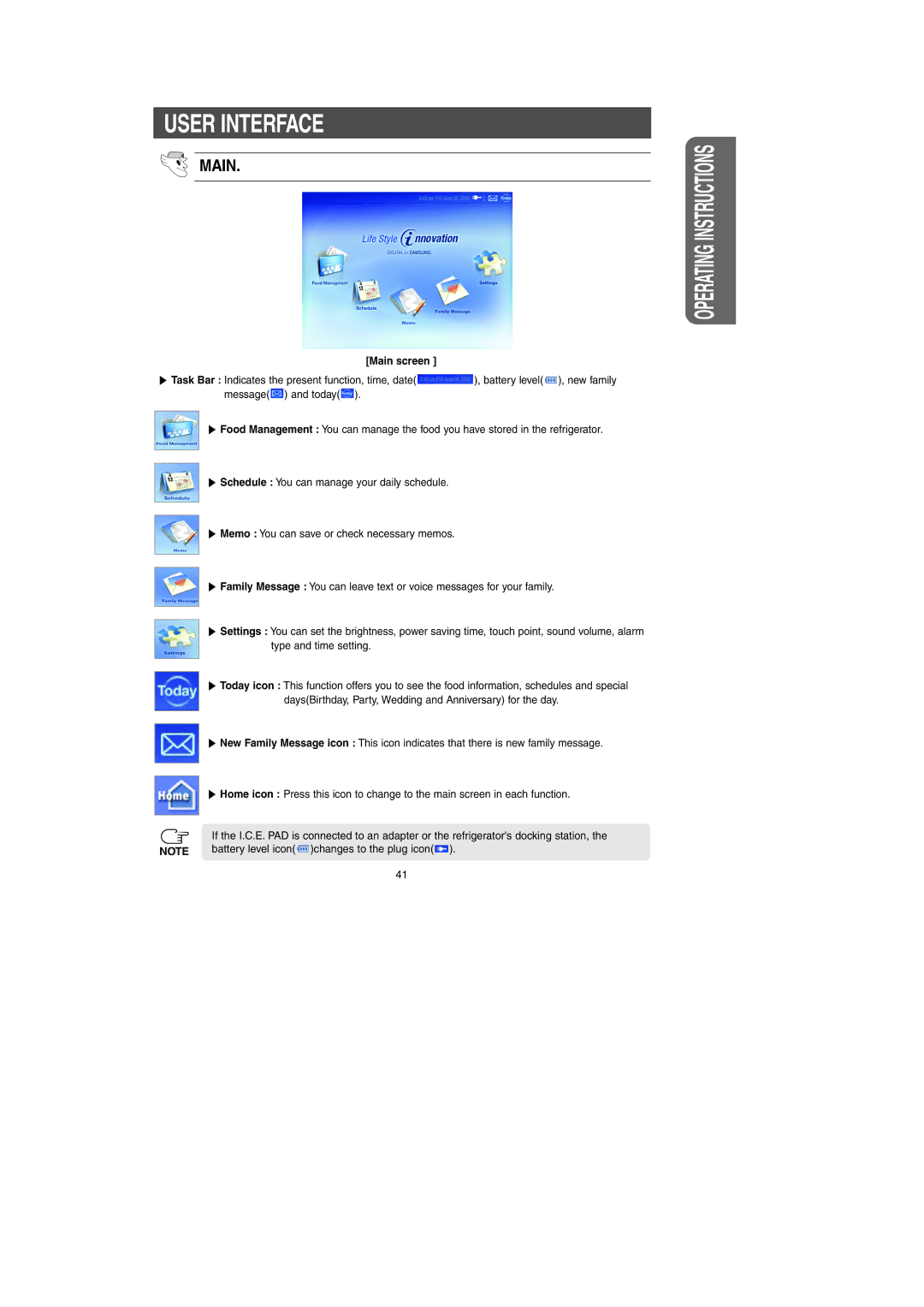 Samsung RH269LBSH owner manual User Interface, Main screen, Battery level icon changes to the plug icon 