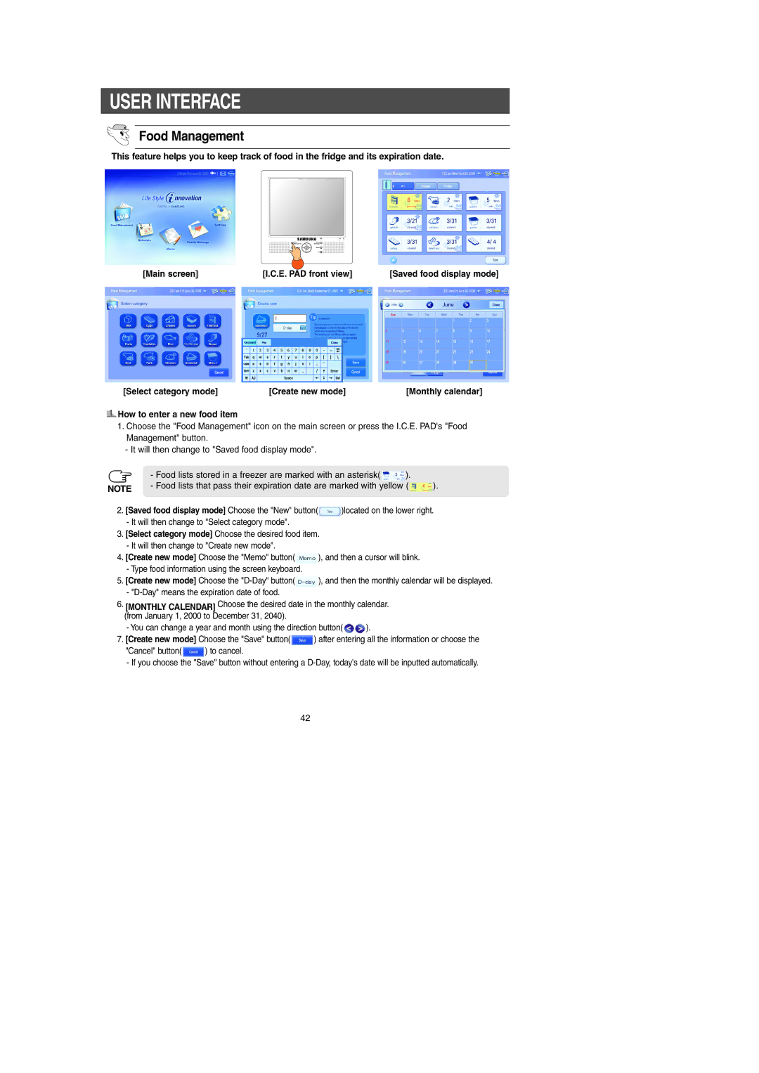 Samsung RH269LBSH owner manual Food Management, Main screen E. PAD front view, Select category mode Create new mode 