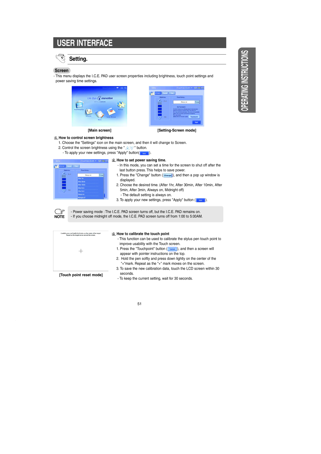 Samsung RH269LBSH Setting, How to control screen brightness, How to set power saving time, Touch point reset mode 