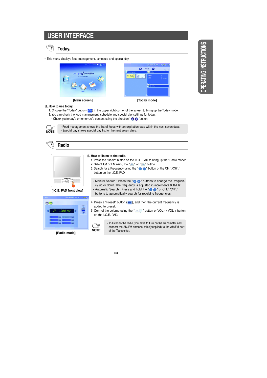 Samsung RH269LBSH owner manual Today, How to use today, E. PAD front view Radio mode How to listen to the radio 