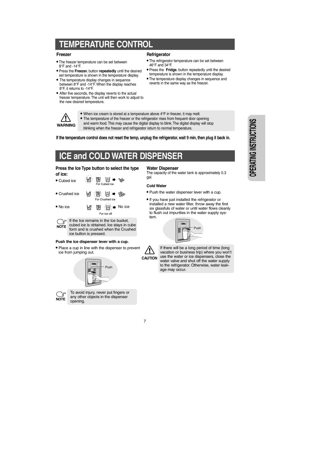 Samsung RH269LBSH owner manual Temperature Control, Cold Water, Push the ice dispenser lever with a cup 