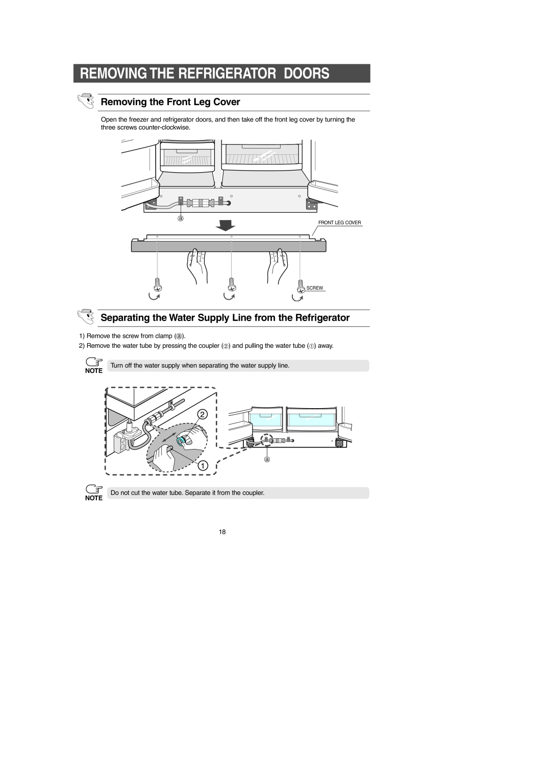 Samsung RH269LBSH owner manual Removing The Refrigerator Doors, Removing the Front Leg Cover 