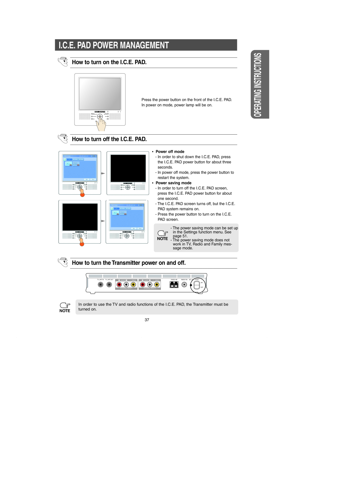 Samsung RH269LBSH I.C.E. Pad Power Management, How to turn on the I.C.E. PAD, How to turn off the I.C.E. PAD, turned on 