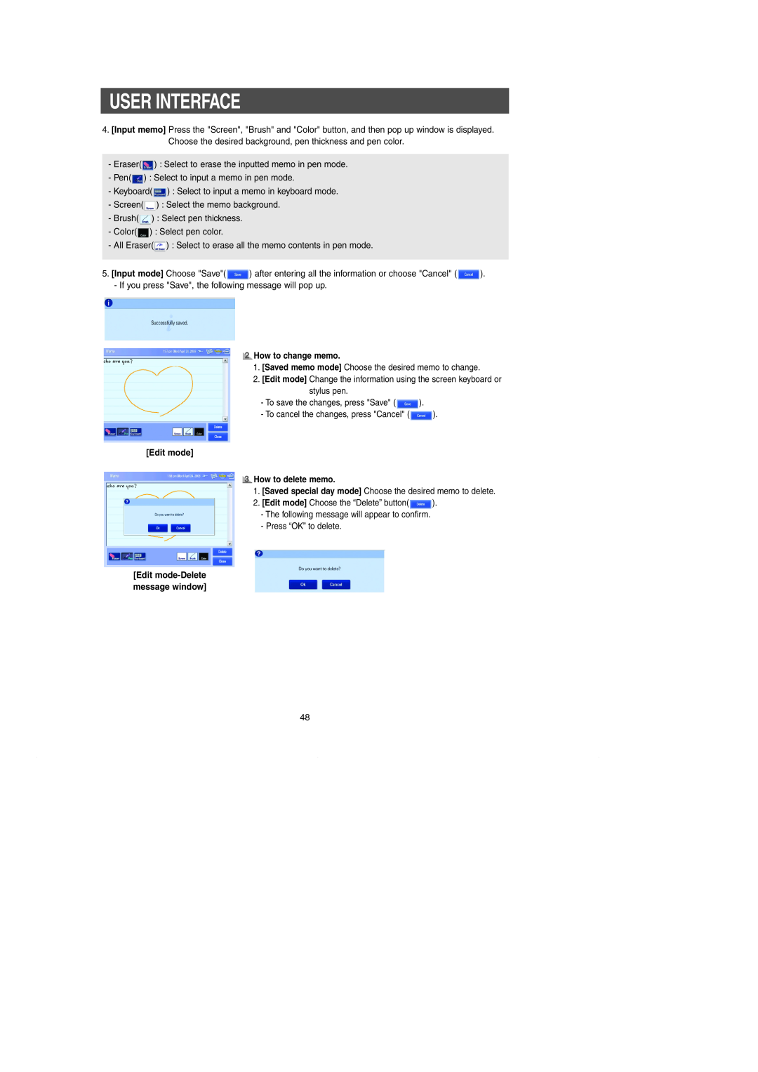 Samsung RH269LBSH User Interface, How to change memo, Edit mode How to delete memo, Edit mode-Deletemessage window 