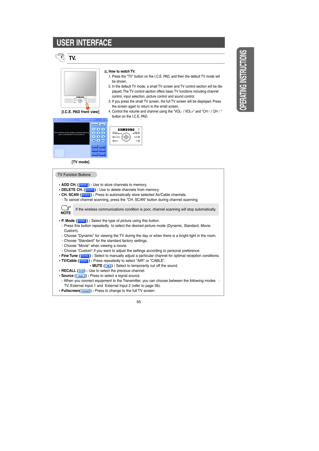 Samsung RH269LBSH owner manual Instructionssigns, User Interface, I.C.E. PAD front view, How to watch TV, TV mode, P. Mode 