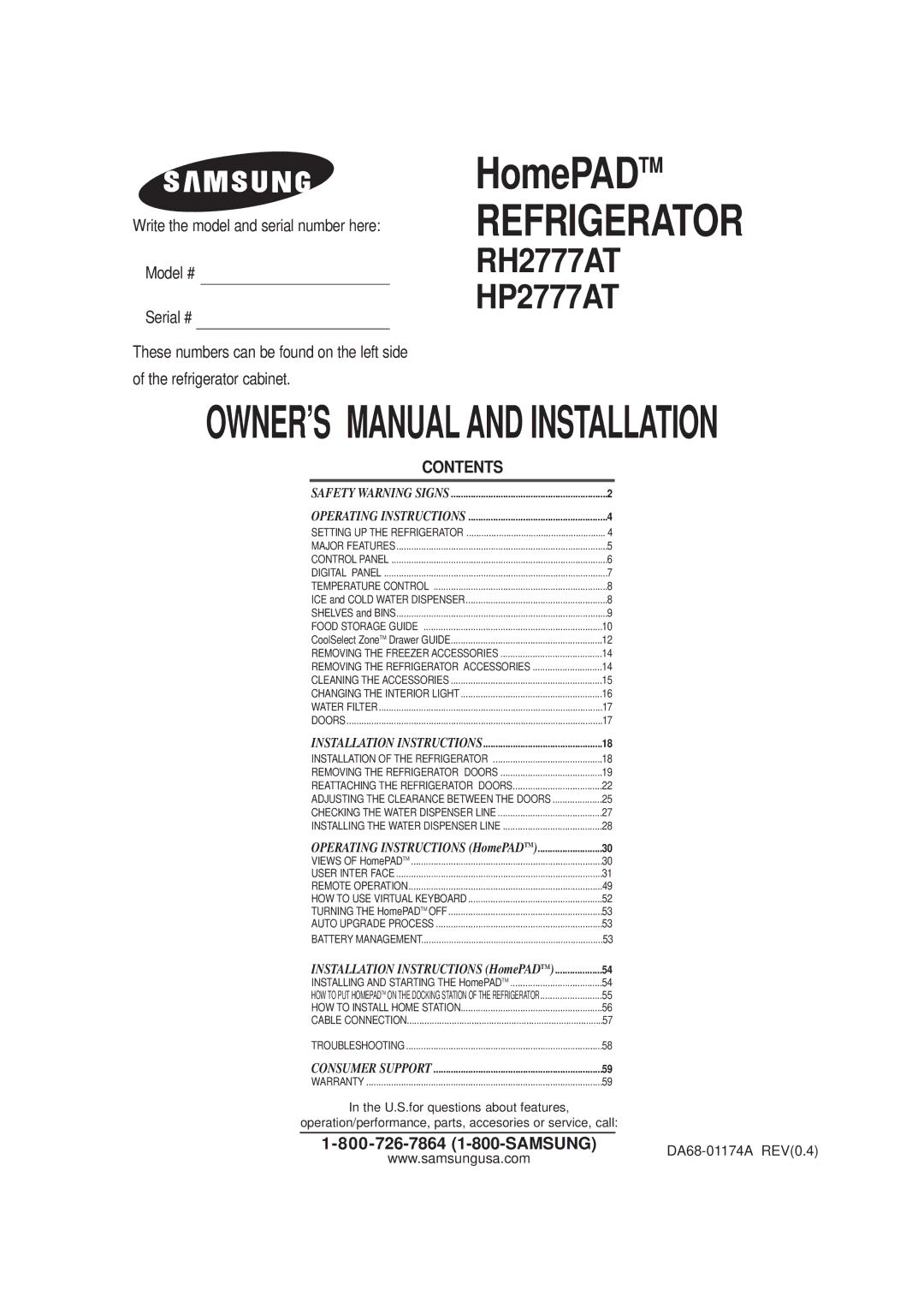 Samsung RH2777AT/XAA manual HomePADTM Refrigerator RH2777AT HP2777AT 