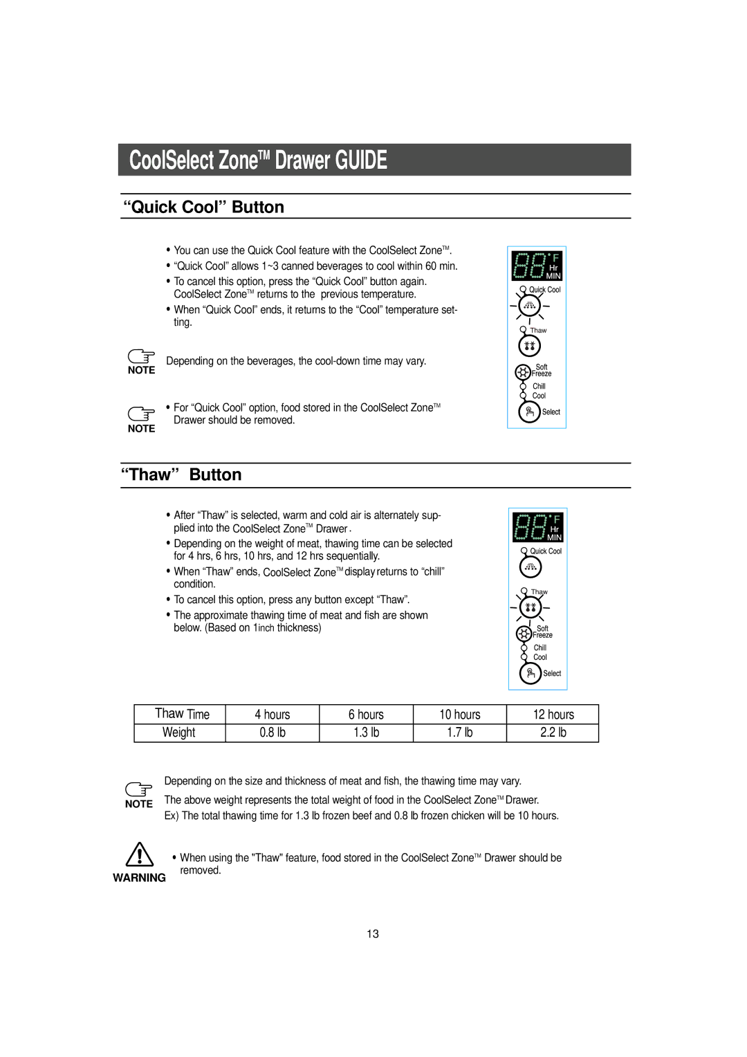 Samsung RH2777AT/XAA manual Quick Cool Button, Thaw Button 