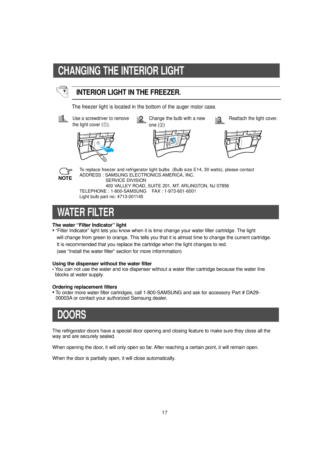 Samsung RH2777AT/XAA manual Water Filter, Doors, Interior Light in the Freezer 