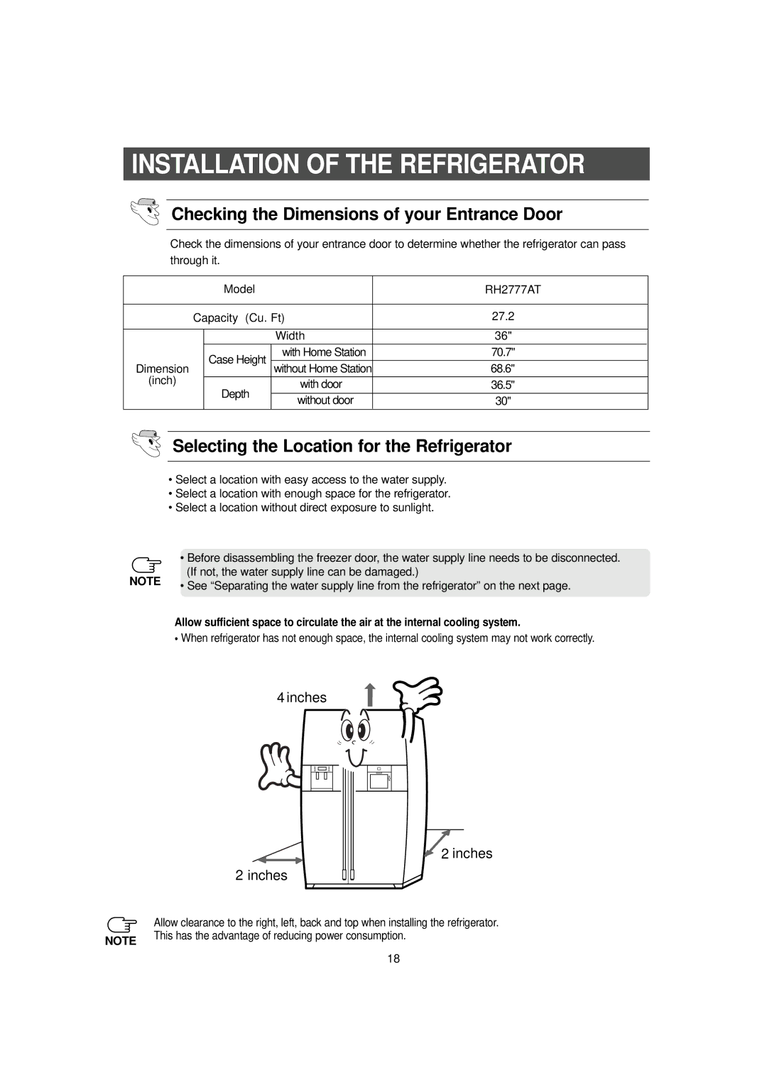 Samsung RH2777AT/XAA Installation of the Refrigerator, Checking the Dimensions of your Entrance Door, Depth With door 