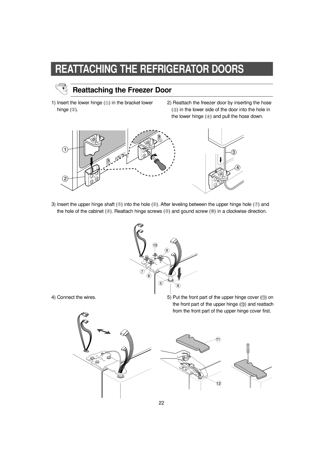 Samsung RH2777AT/XAA manual Reattaching the Refrigerator Doors, Reattaching the Freezer Door, Connect the wires 