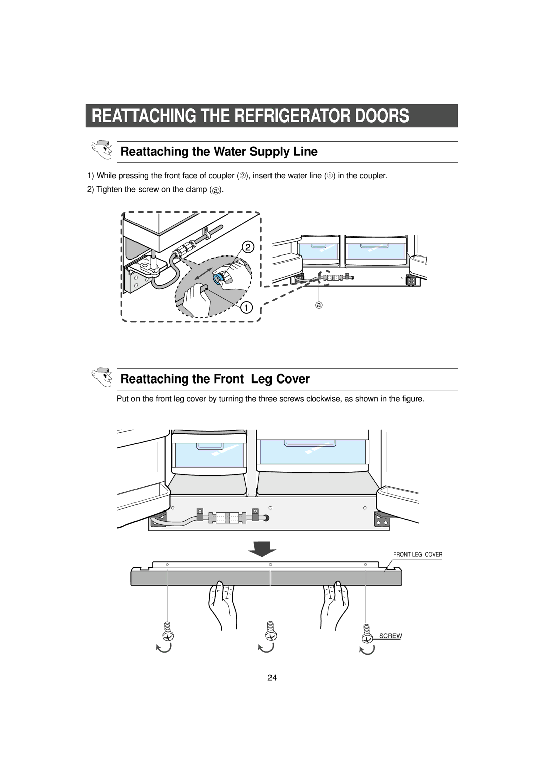 Samsung RH2777AT/XAA manual Reattaching the Water Supply Line, Reattaching the Front Leg Cover 