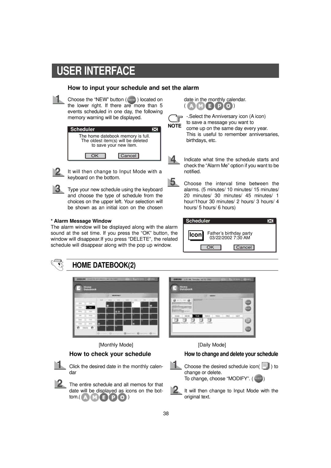 Samsung RH2777AT/XAA manual Home DATEBOOK2, How to input your schedule and set the alarm, How to check your schedule 