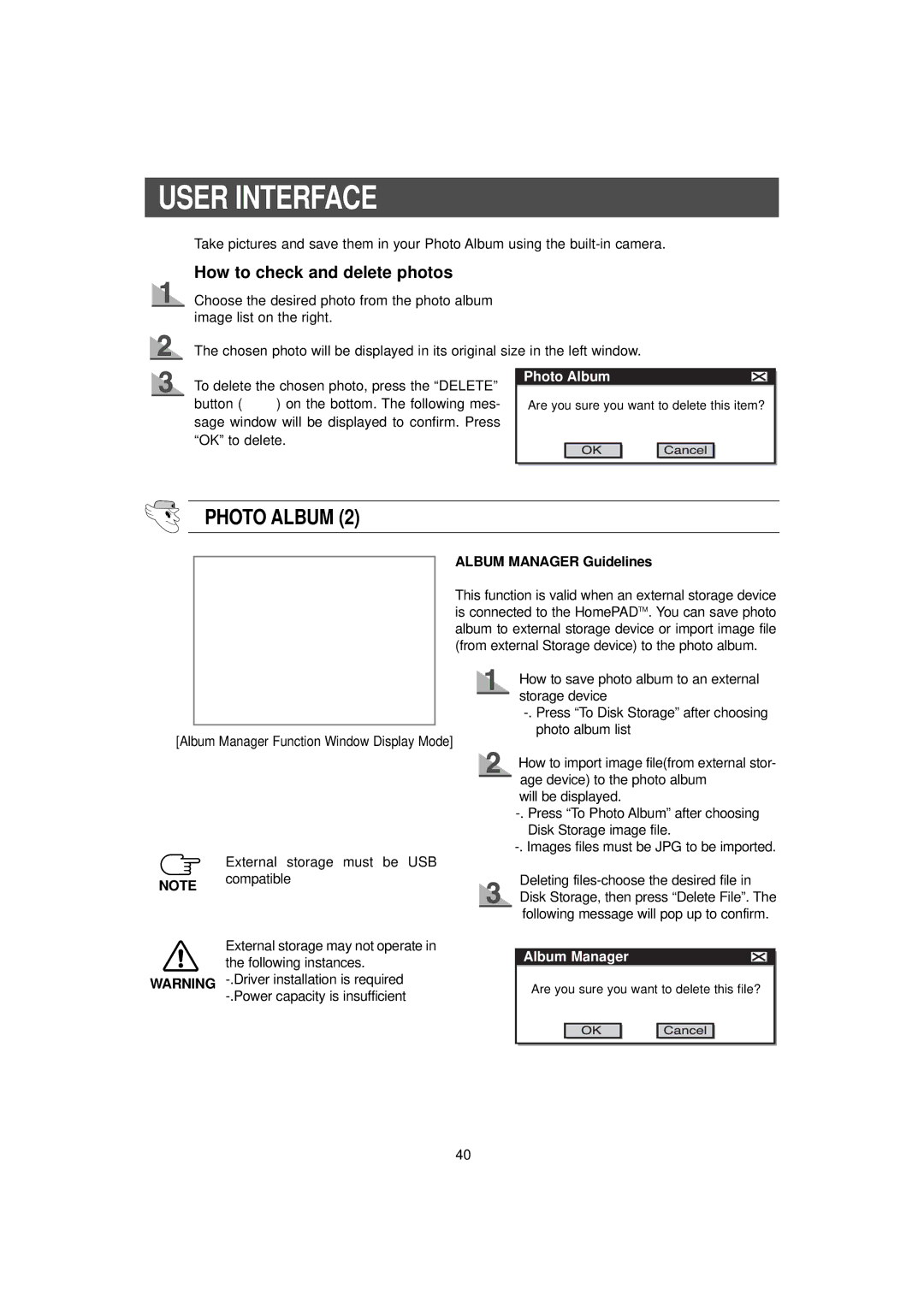 Samsung RH2777AT/XAA manual How to check and delete photos, External storage must be USB Note compatible 