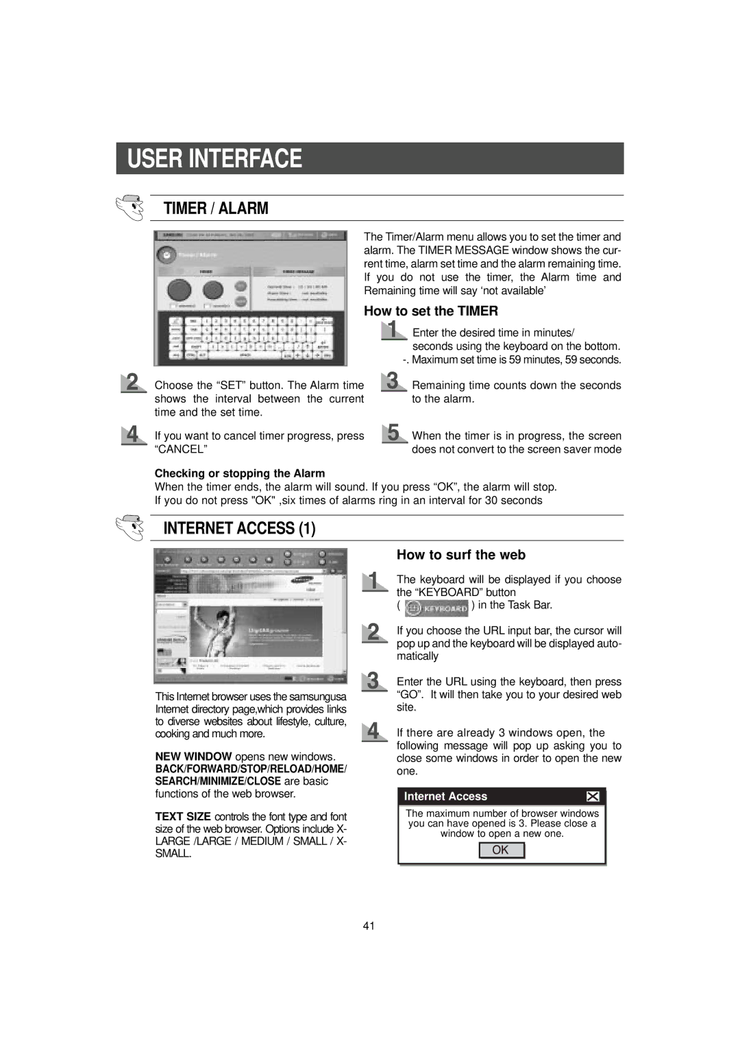 Samsung RH2777AT/XAA manual Timer / Alarm, Internet Access, How to set the Timer, How to surf the web 