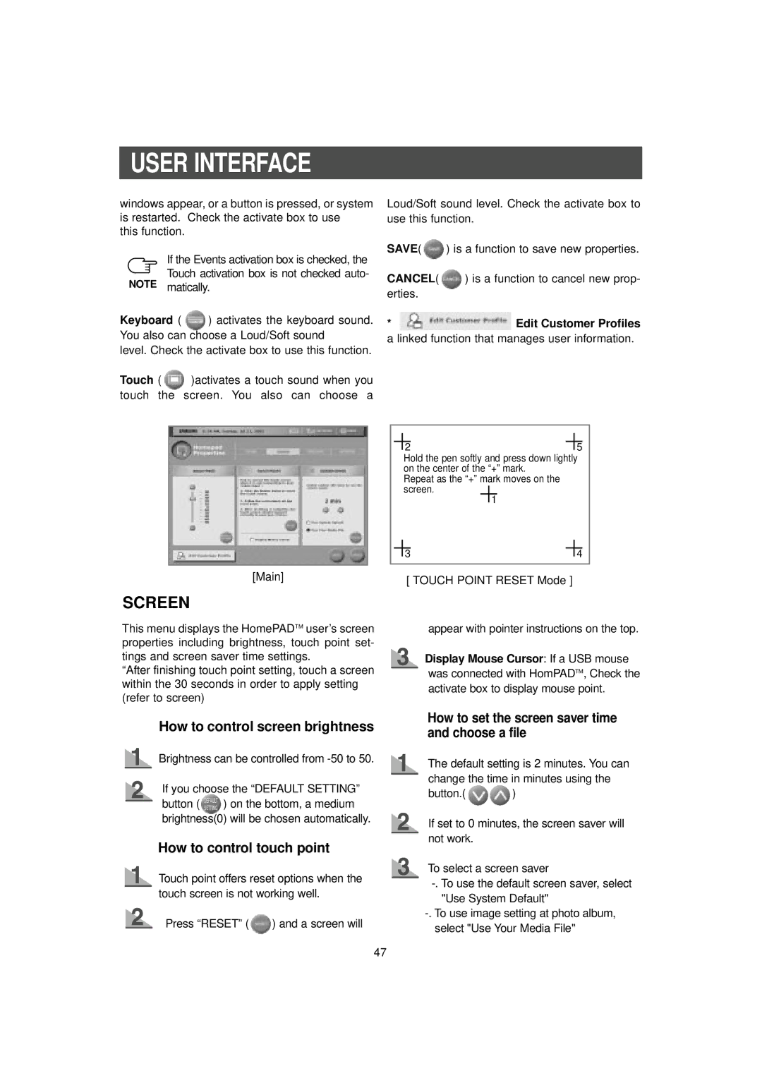 Samsung RH2777AT/XAA manual How to control screen brightness, How to control touch point, Edit Customer Profiles 