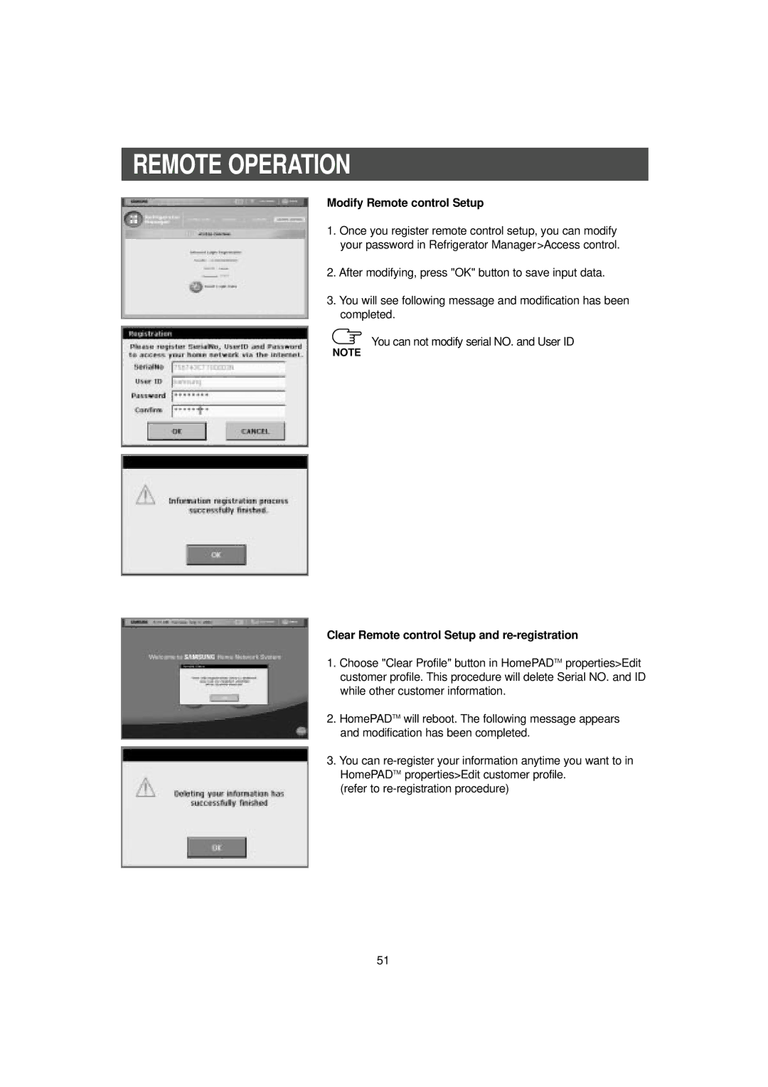 Samsung RH2777AT/XAA manual Modify Remote control Setup, Clear Remote control Setup and re-registration 