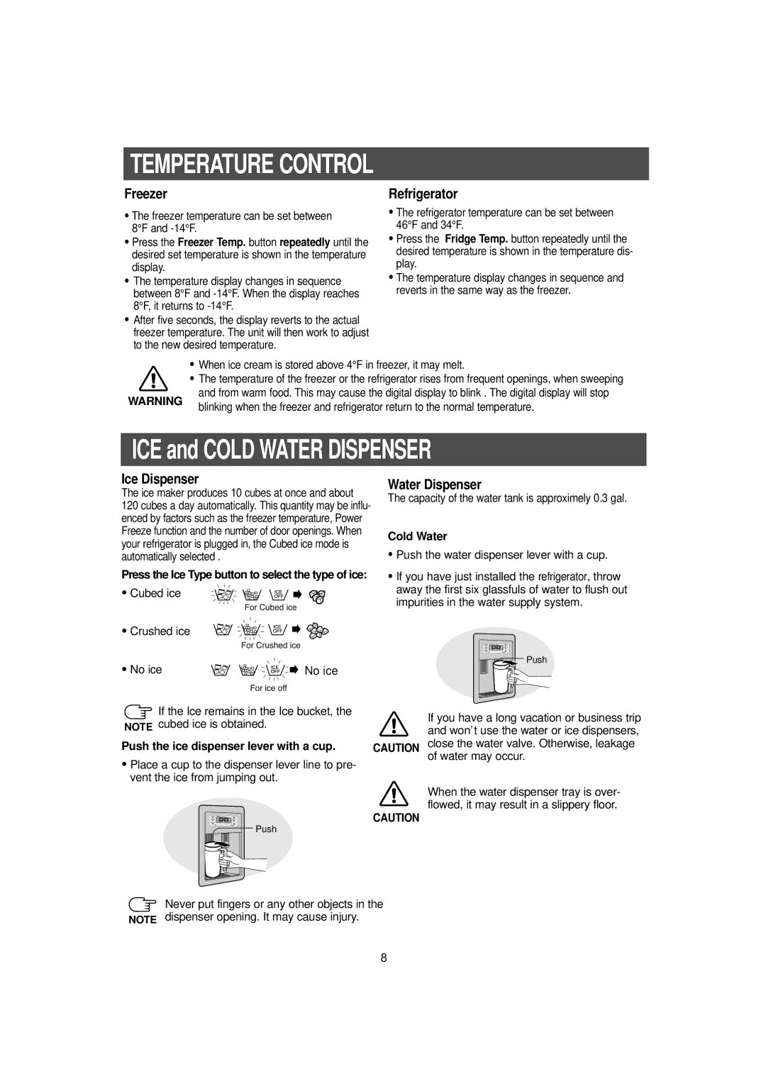 Samsung RH2777AT/XAA manual Temperature Control, Freezer Refrigerator, Ice Dispenser, Water Dispenser 