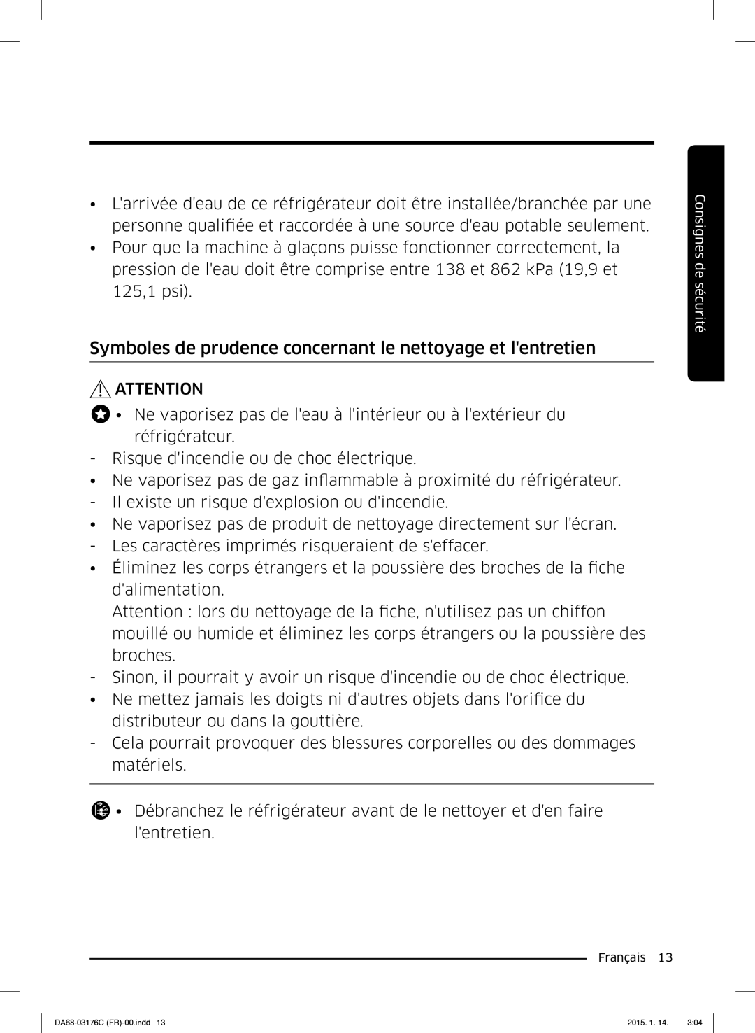 Samsung RH56J6917SL/EF manual Symboles de prudence concernant le nettoyage et lentretien 