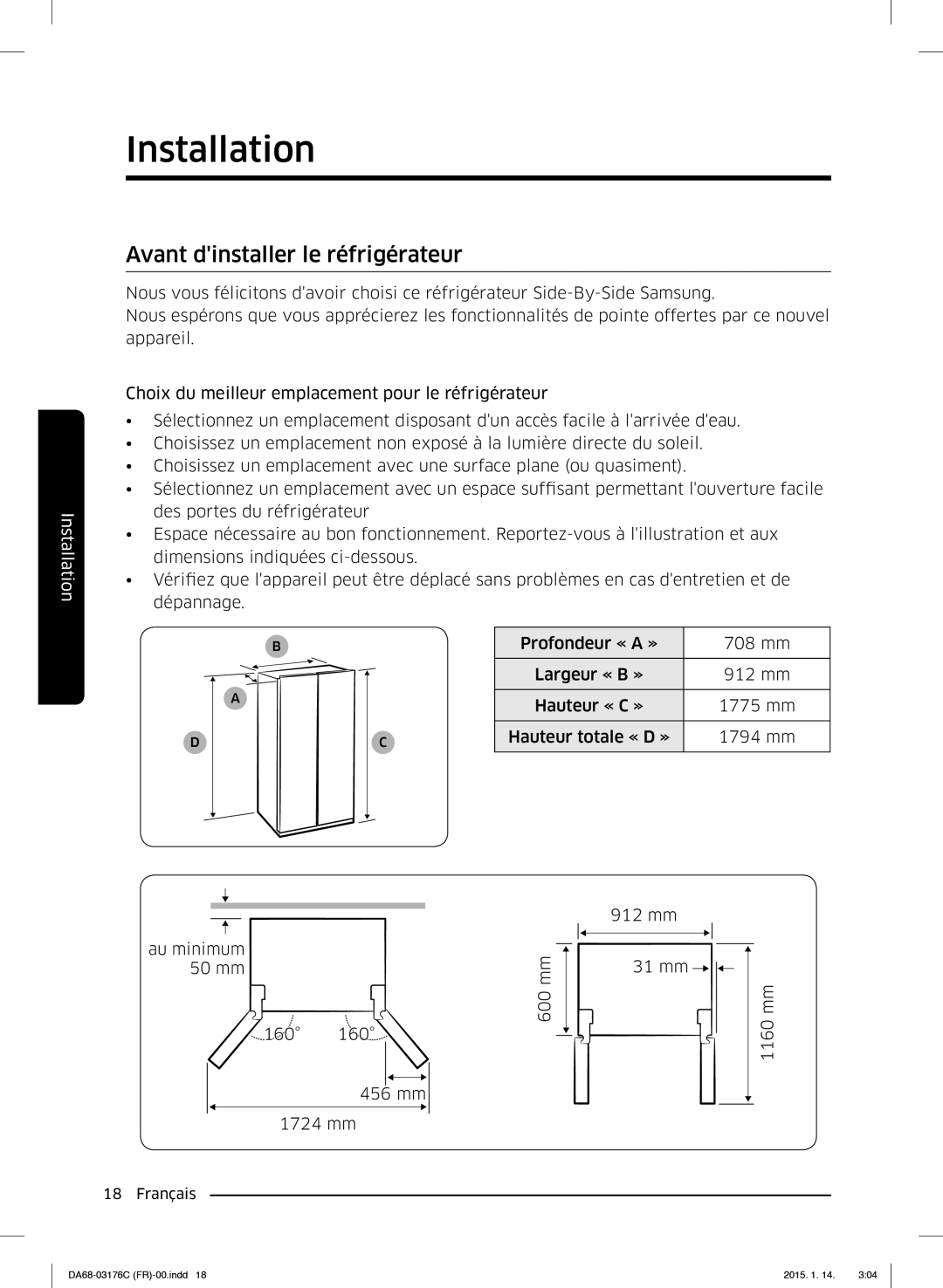 Samsung RH56J6917SL/EF manual Installation, Avant dinstaller le réfrigérateur 