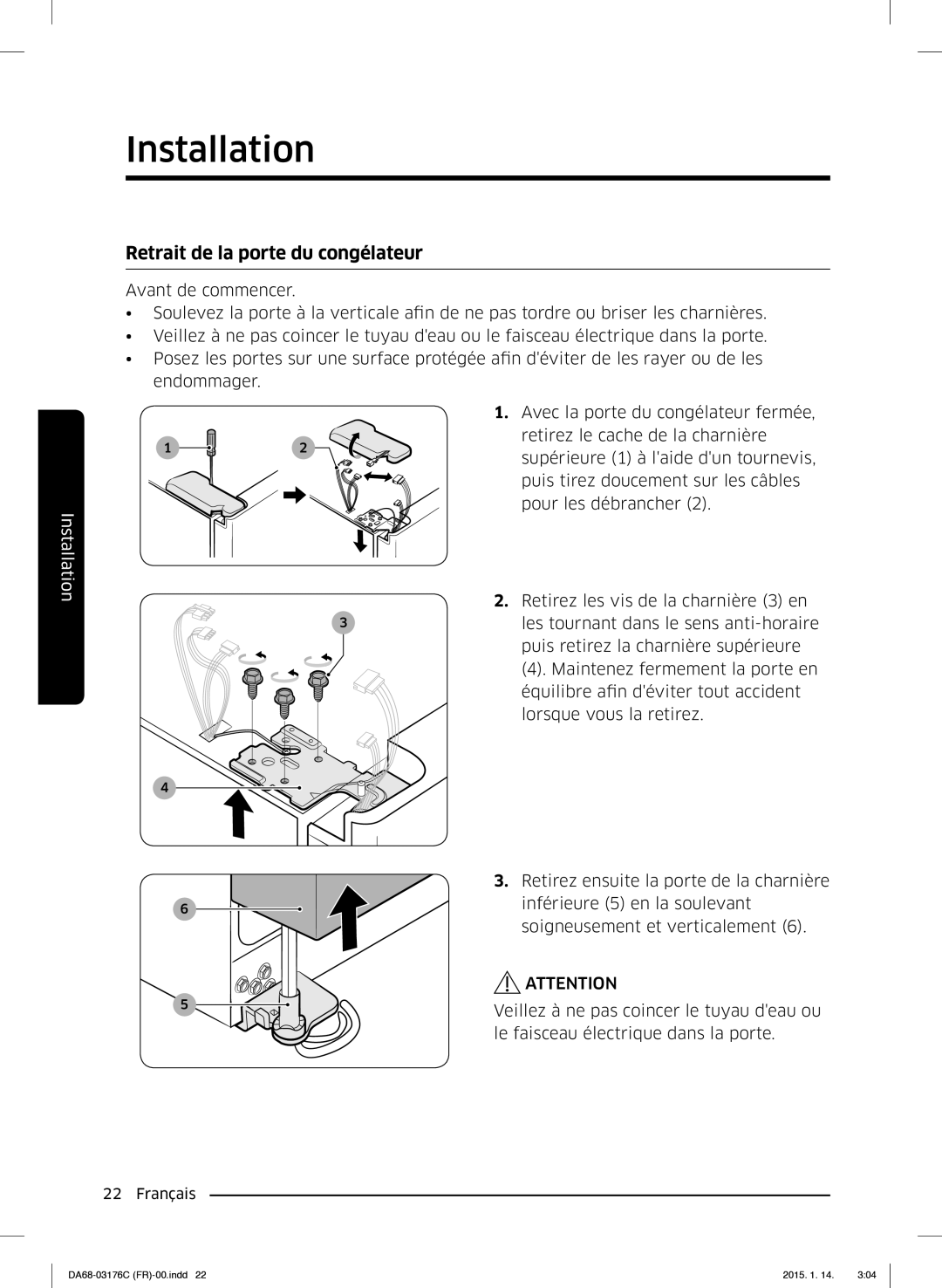 Samsung RH56J6917SL/EF manual Retrait de la porte du congélateur 