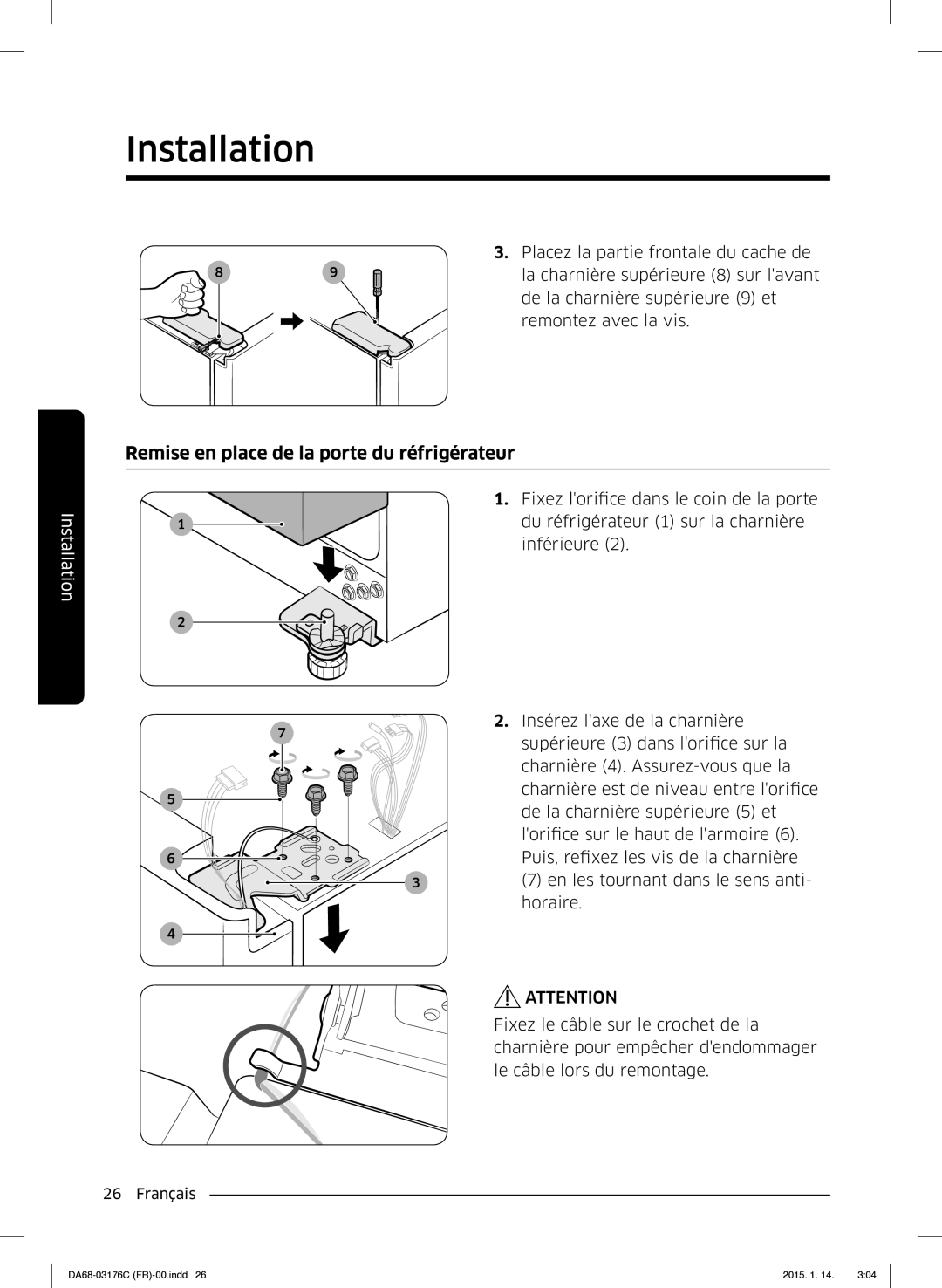 Samsung RH56J6917SL/EF manual Remise en place de la porte du réfrigérateur 