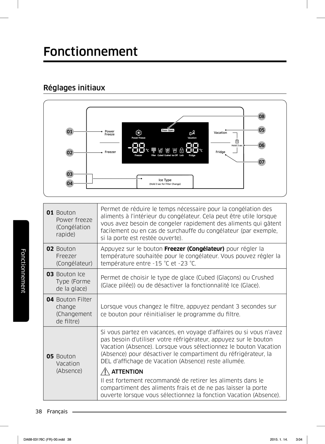 Samsung RH56J6917SL/EF manual Fonctionnement, Réglages initiaux 