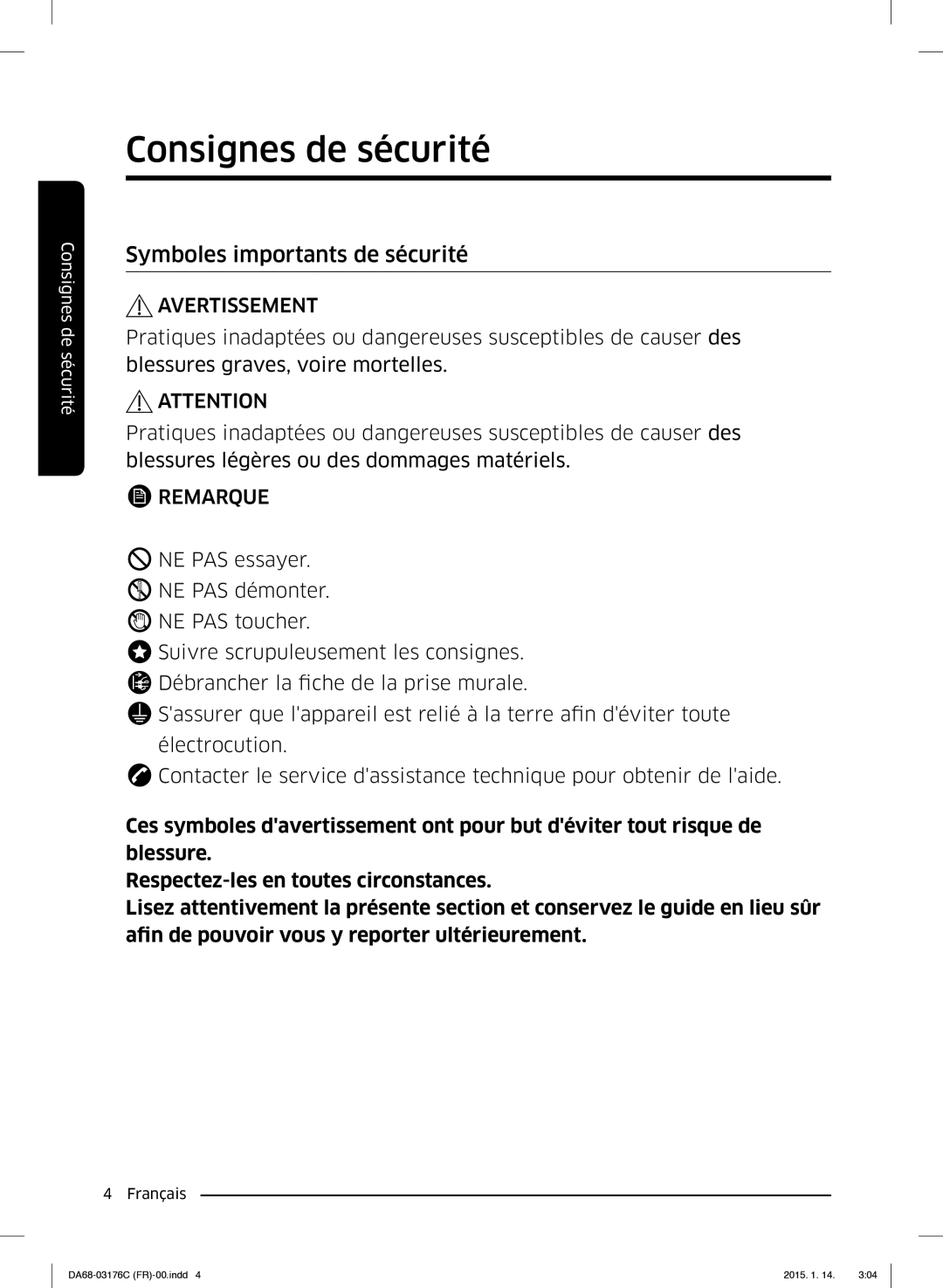 Samsung RH56J6917SL/EF manual Symboles importants de sécurité, Avertissement 