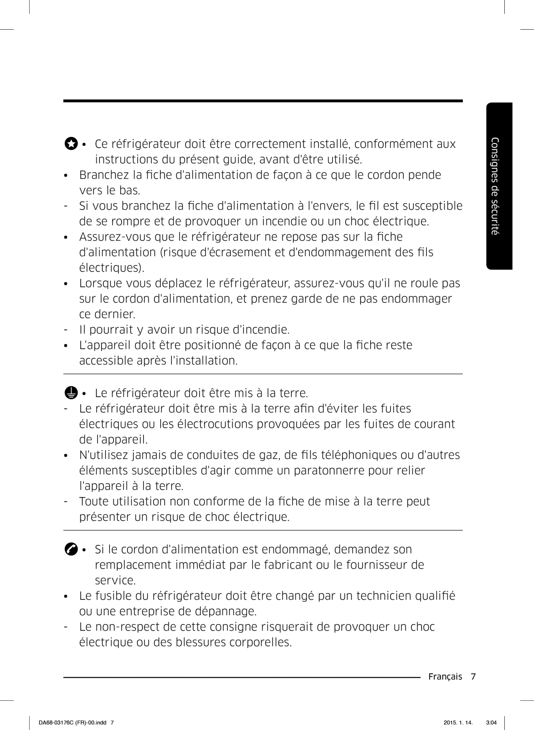 Samsung RH56J6917SL/EF manual Consignes de sécurité 