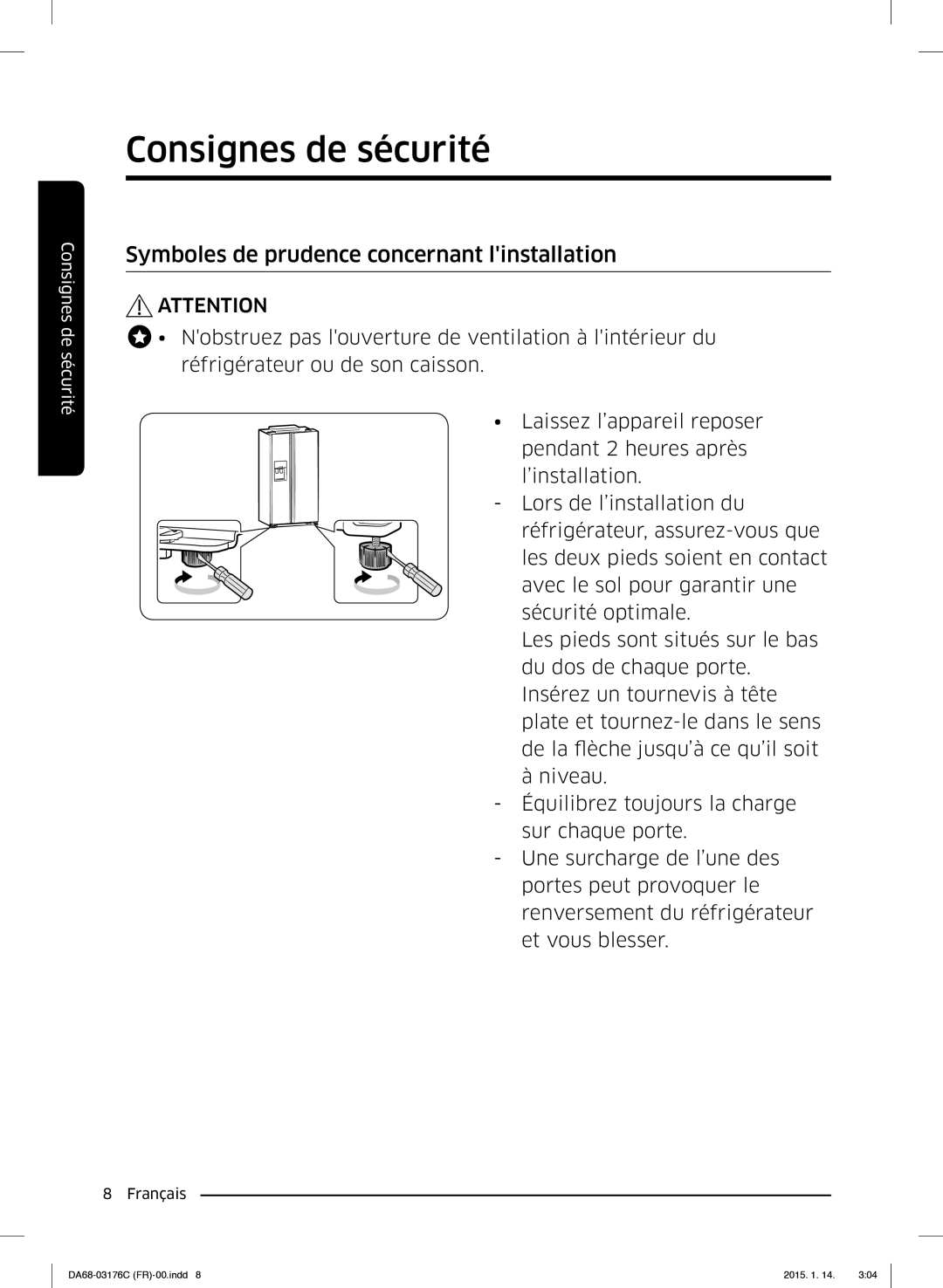 Samsung RH56J6917SL/EF manual Symboles de prudence concernant linstallation 