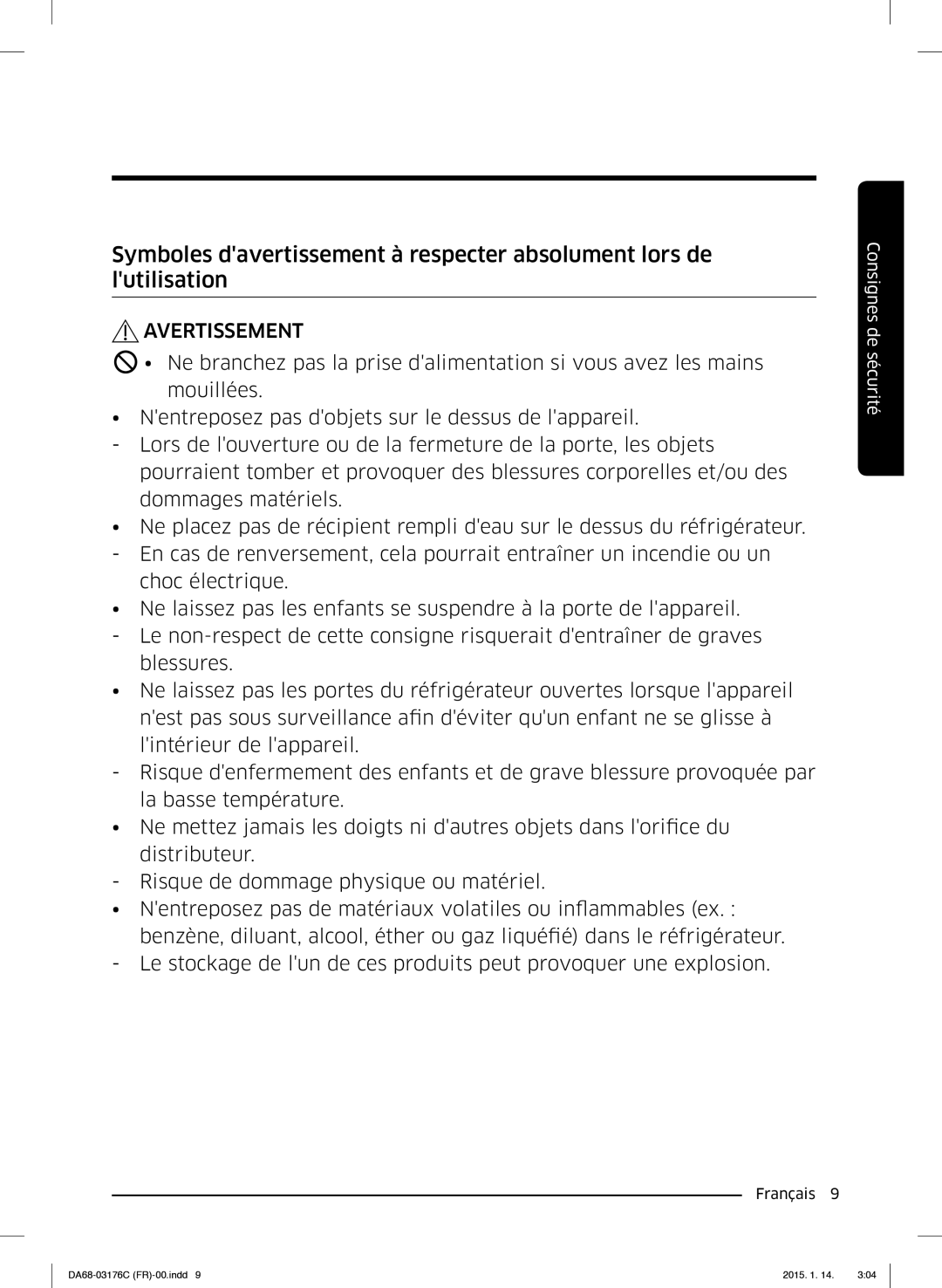 Samsung RH56J6917SL/EF manual Avertissement 