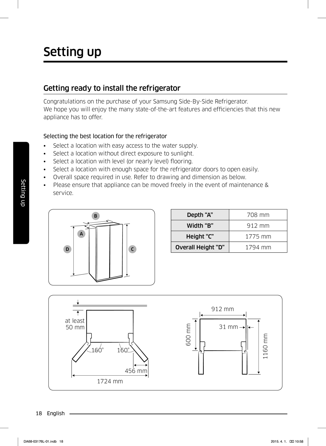 Samsung RH56J6917SL/EF manual Setting up, Getting ready to install the refrigerator 