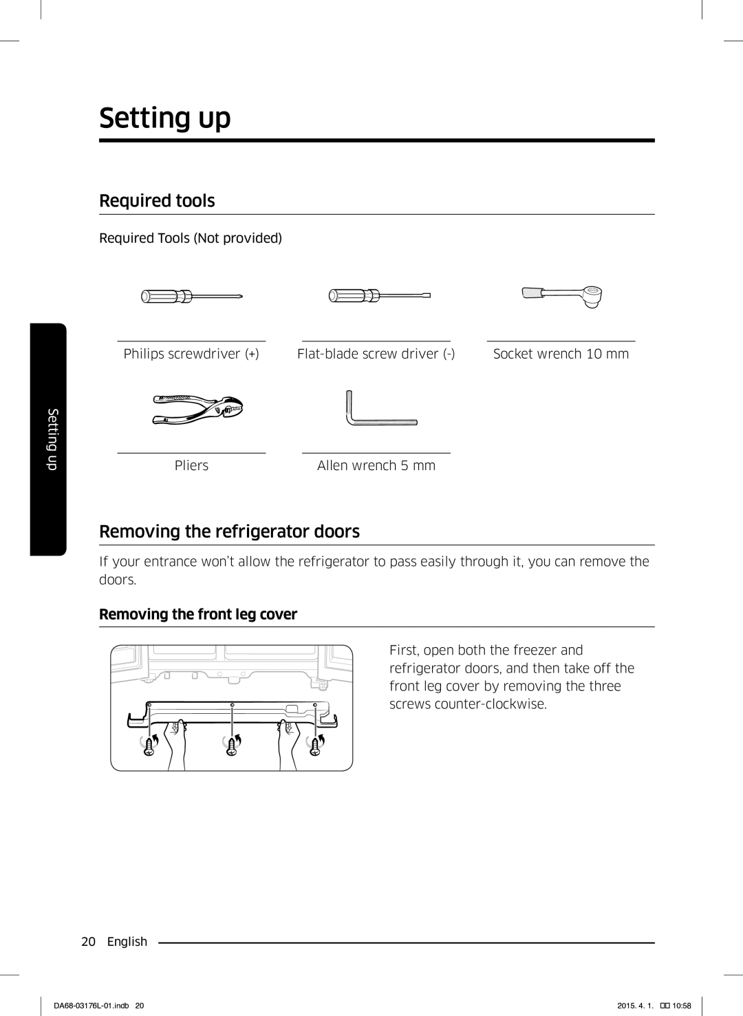 Samsung RH56J6917SL/EF manual Required tools, Removing the refrigerator doors, Removing the front leg cover 