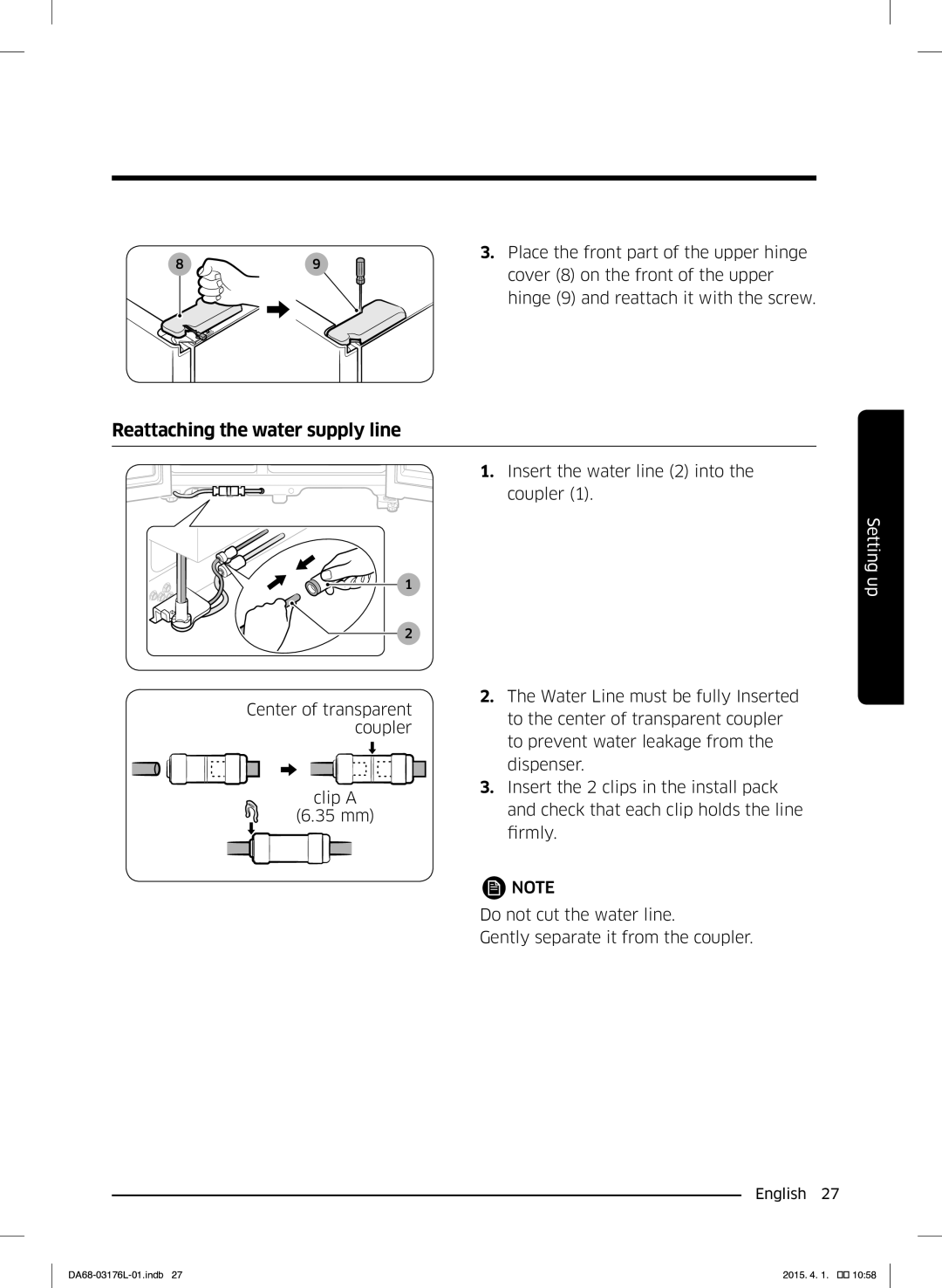 Samsung RH56J6917SL/EF manual Reattaching the water supply line 