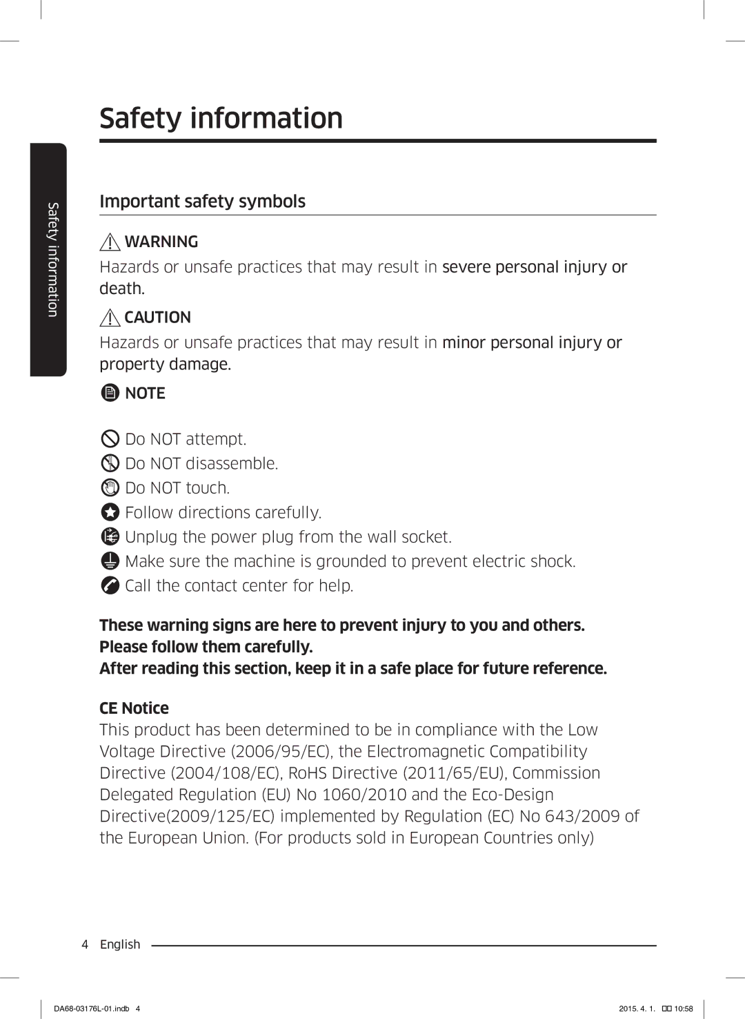 Samsung RH56J6917SL/EF manual Important safety symbols 