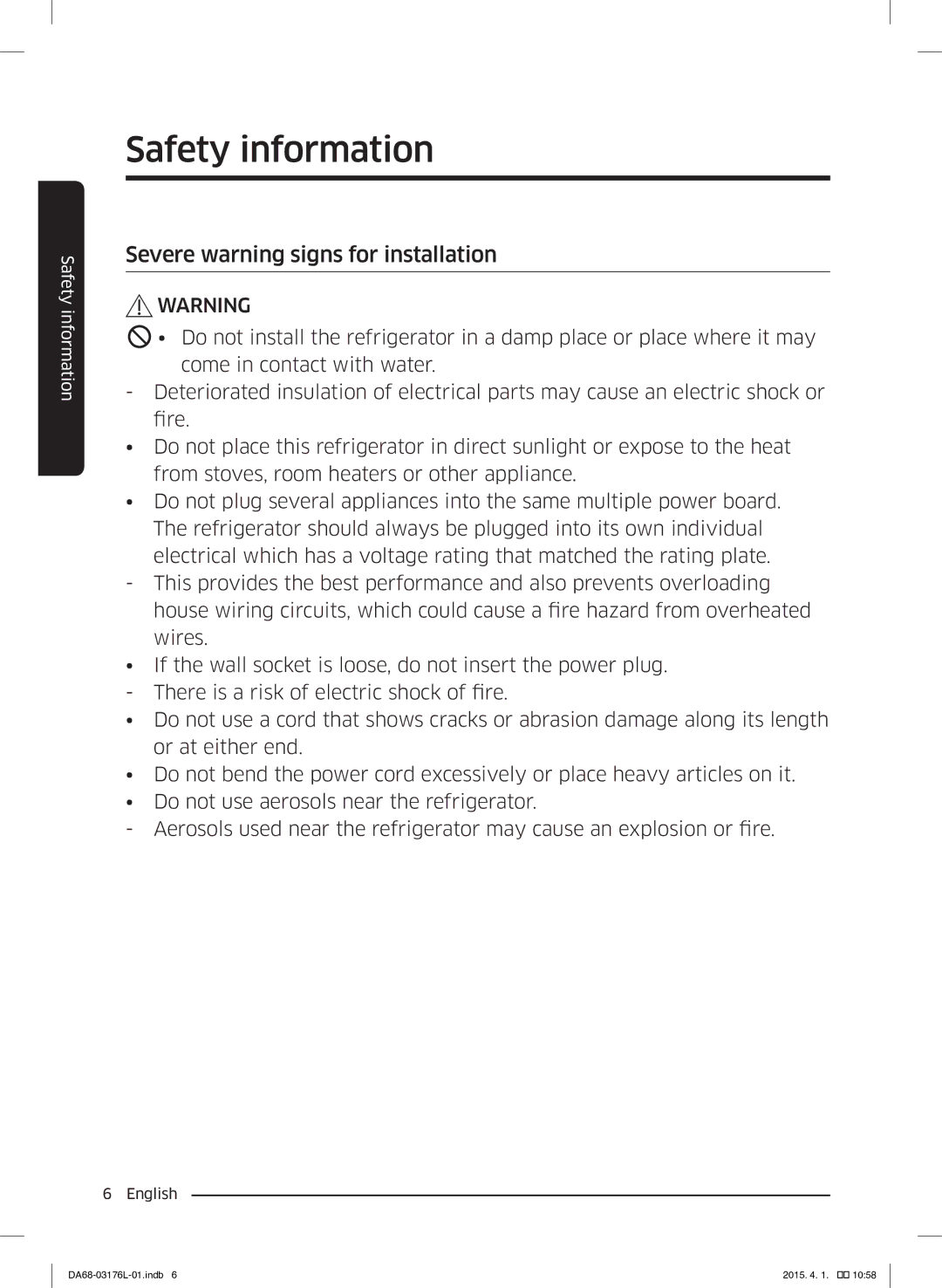 Samsung RH56J6917SL/EF manual Severe warning signs for installation 