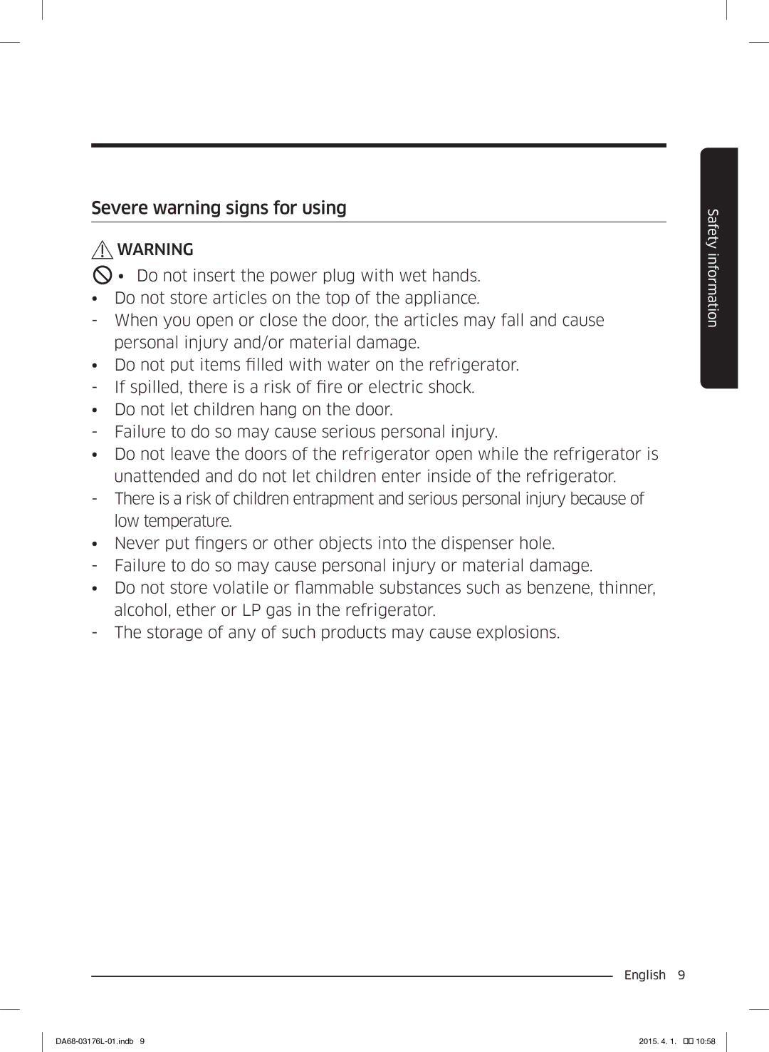 Samsung RH56J6917SL/EF manual Severe warning signs for using 