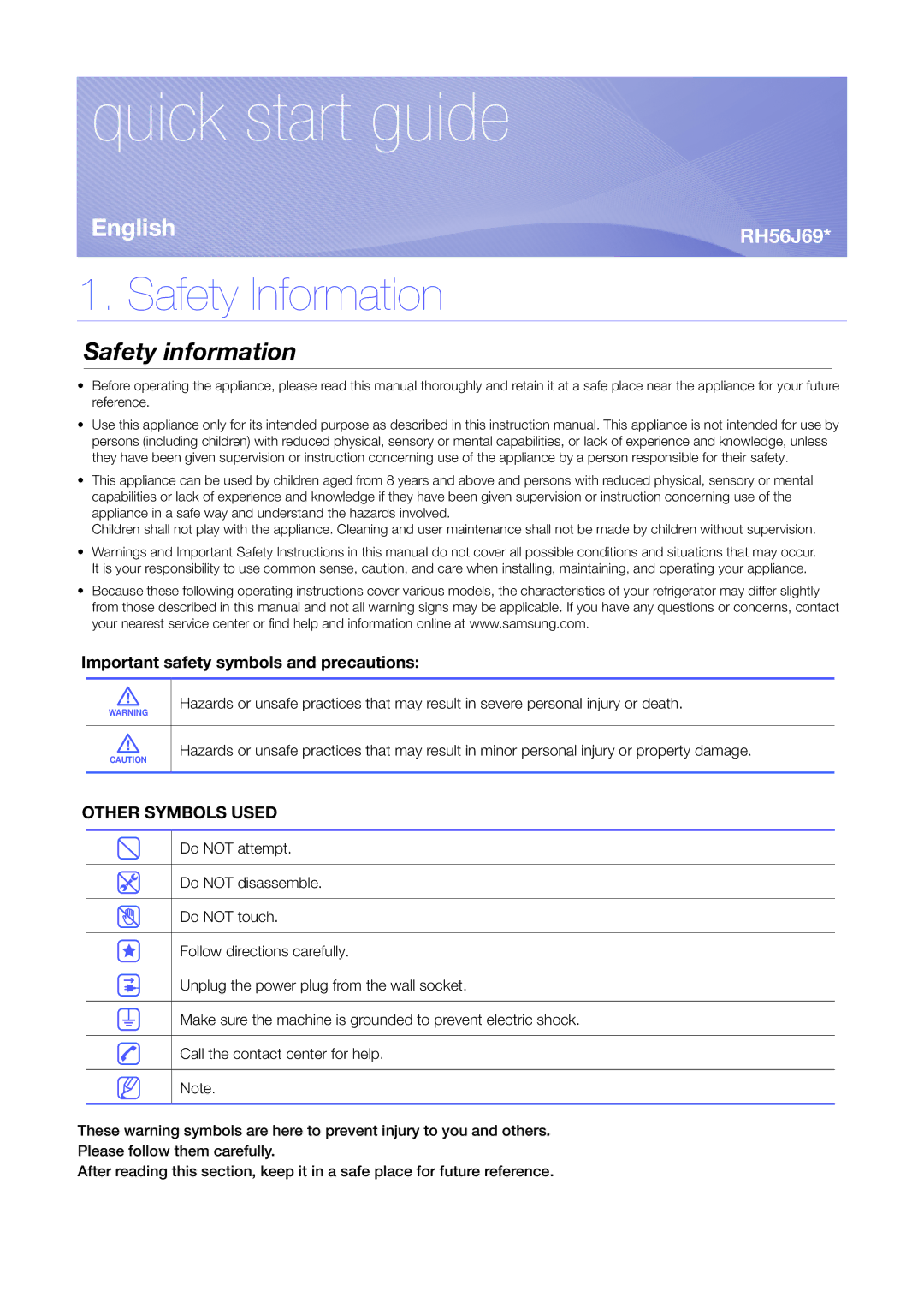 Samsung RH56J6918SL/EF, RH56J6917SL/TR, RS7578THCSL/EF manual Safety Information, Important safety symbols and precautions 