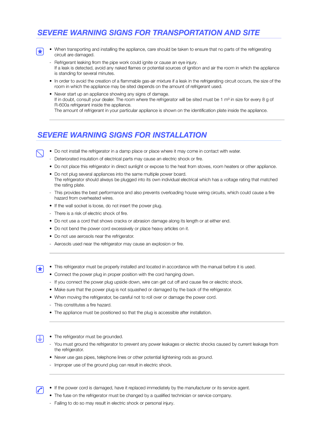 Samsung RS7578THCSL/EF manual Severe Warning Signs for Transportation and Site, Severe Warning Signs for Installation 