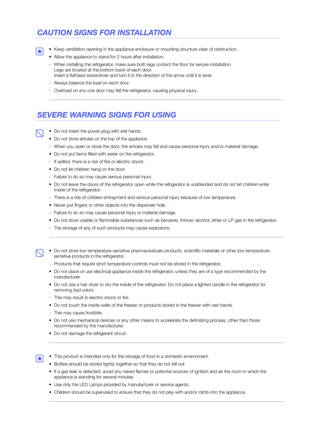 Samsung RS7687FHCBC/EF, RH56J6917SL/TR, RH56J6918SL/EF, RS7578THCSL/EF, RH56J6917SL/EF manual Severe Warning Signs for Using 