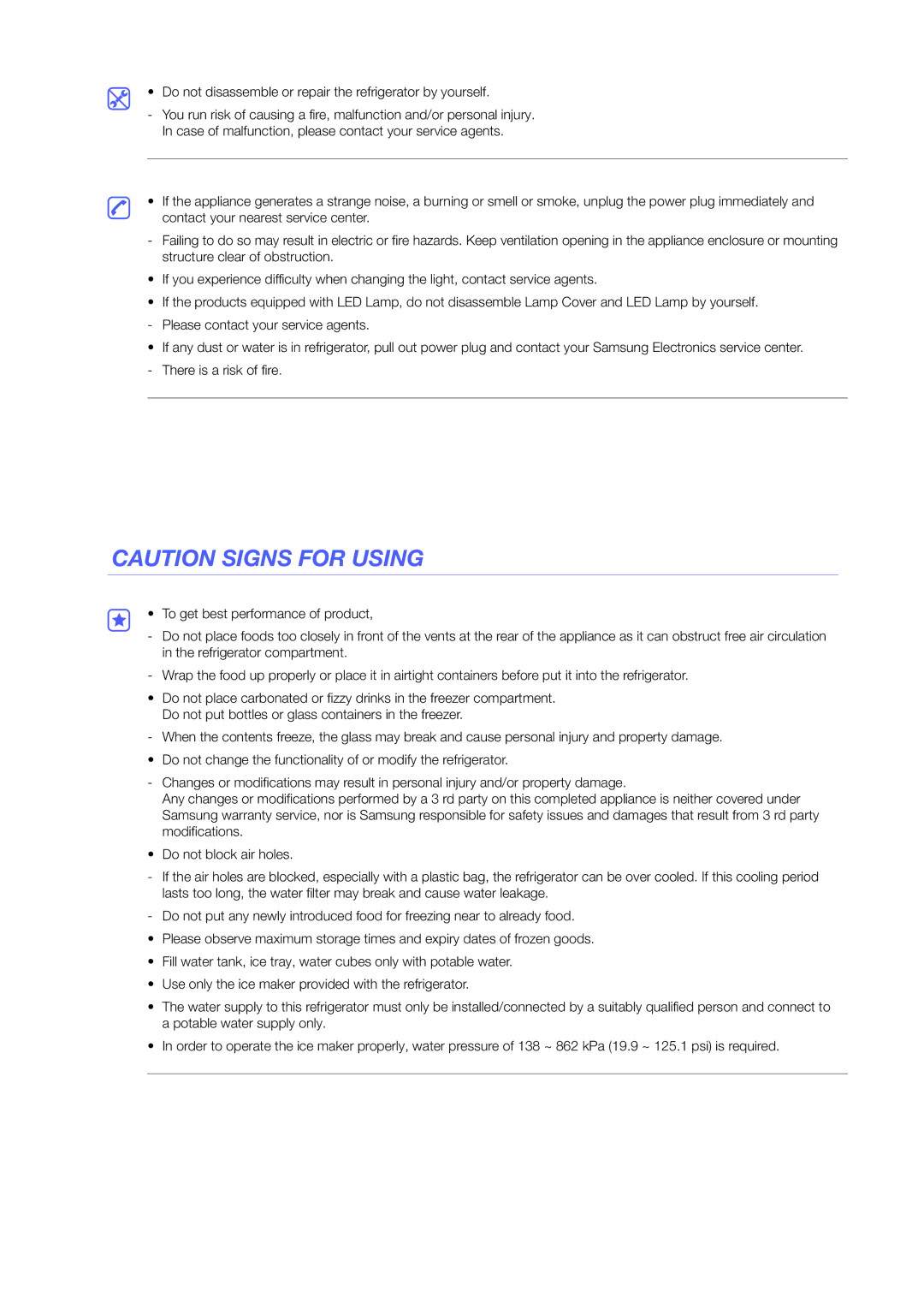 Samsung RH56J6917SL/EF, RH56J6917SL/TR, RH56J6918SL/EF manual Do not disassemble or repair the refrigerator by yourself 