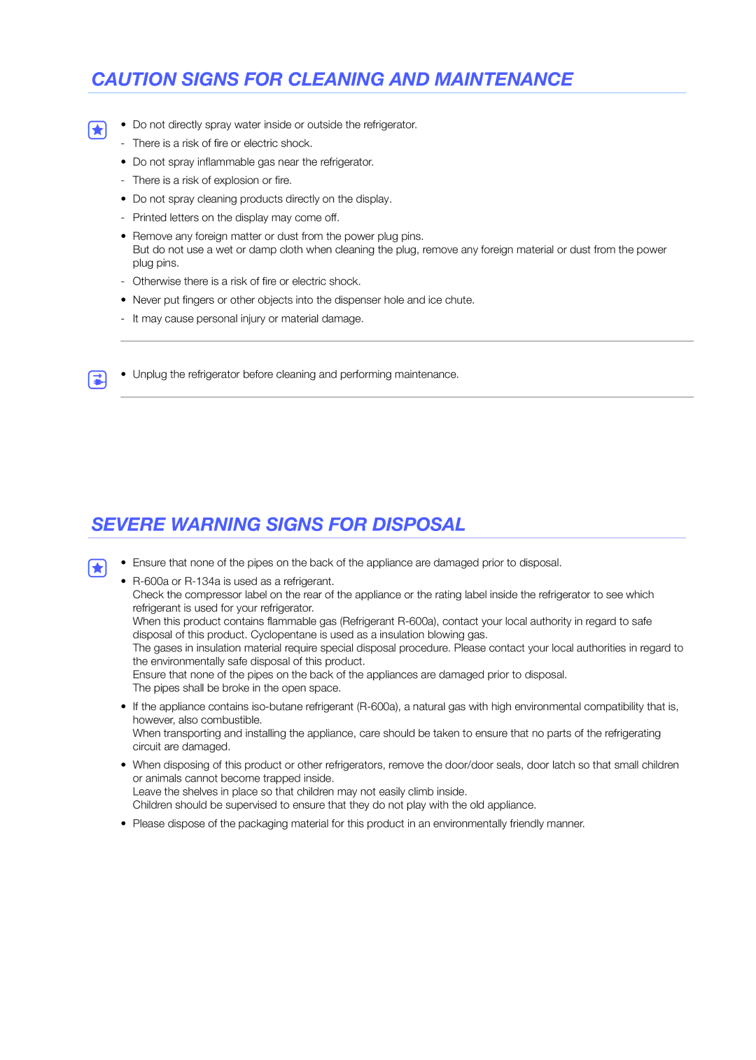 Samsung RH56J69187F/EF, RH56J6917SL/TR, RH56J6918SL/EF, RS7578THCSL/EF, RS7687FHCBC/EF manual Severe Warning Signs for Disposal 