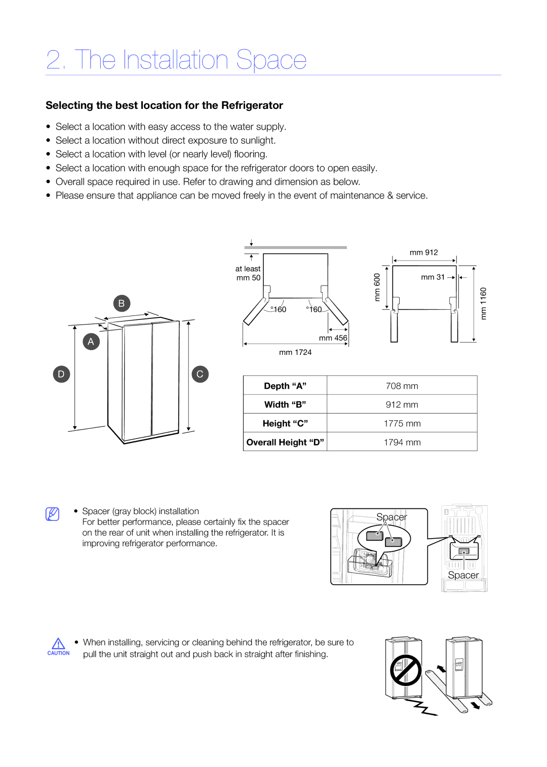 Samsung RH56J6917SL/TR, RH56J6918SL/EF, RS7578THCSL/EF Installation Space, Selecting the best location for the Refrigerator 