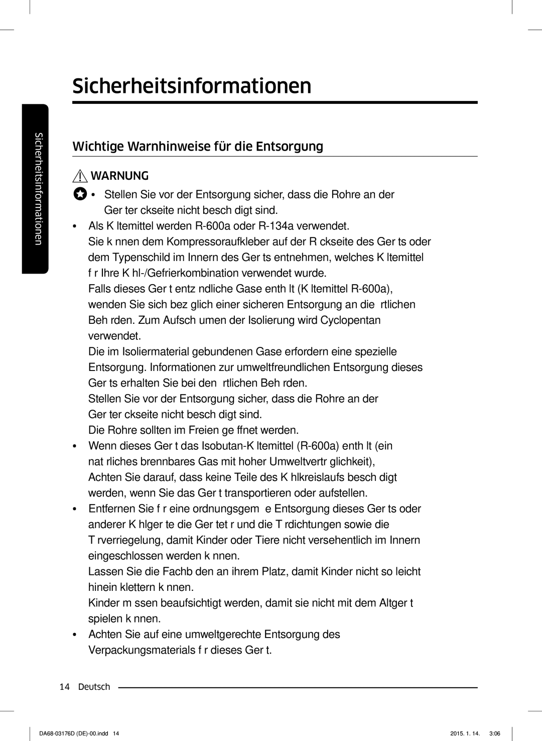 Samsung RH56J6917SL/TR, RH56J6918SL/EF manual Wichtige Warnhinweise für die Entsorgung 