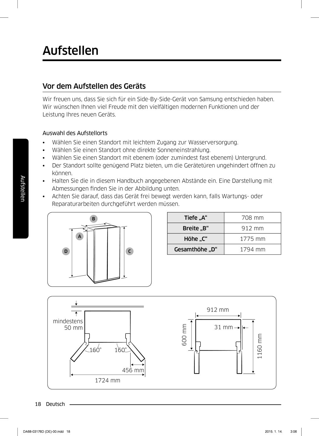 Samsung RH56J6917SL/TR, RH56J6918SL/EF manual Vor dem Aufstellen des Geräts 