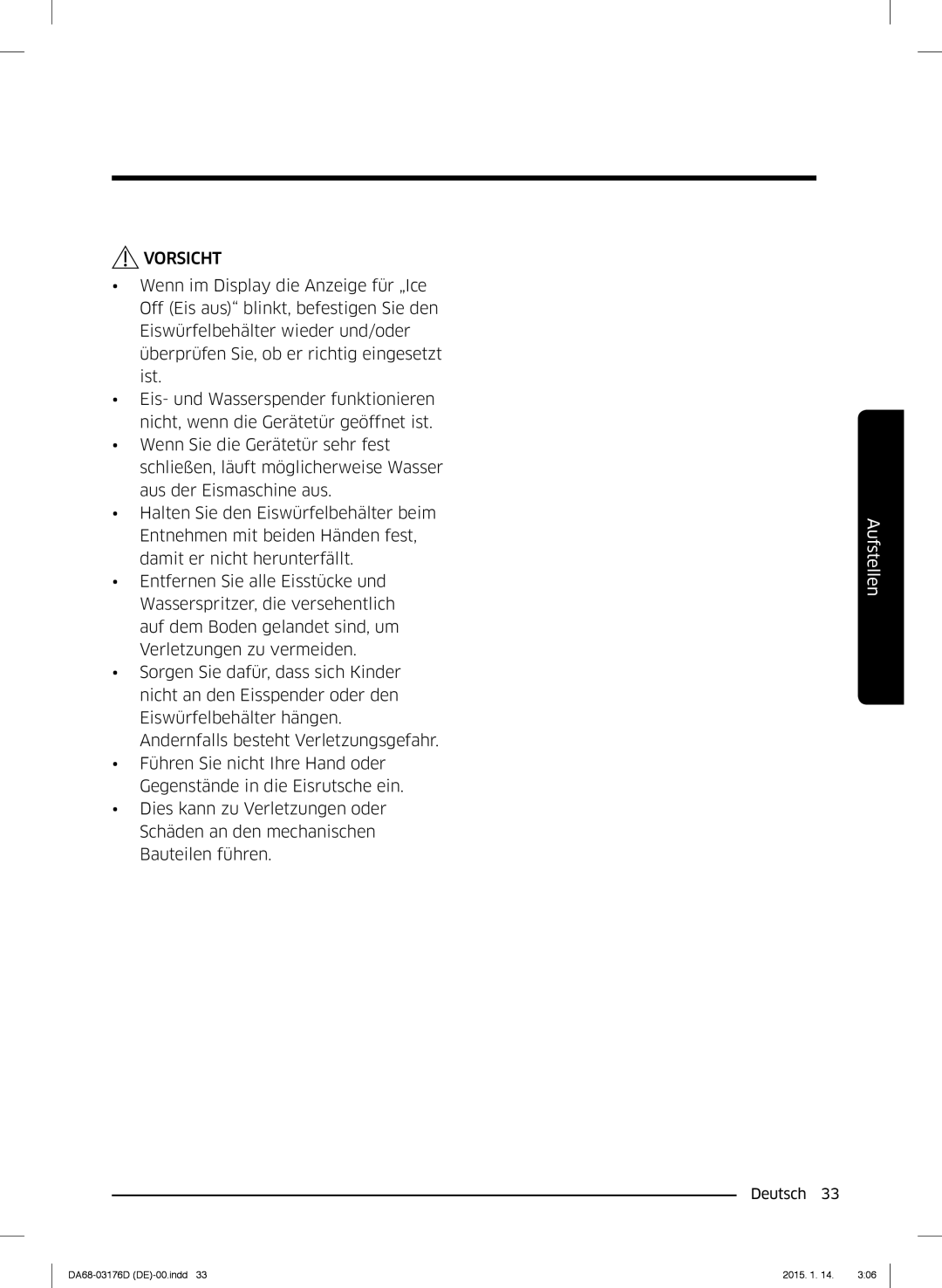 Samsung RH56J6918SL/EF, RH56J6917SL/TR manual Vorsicht 