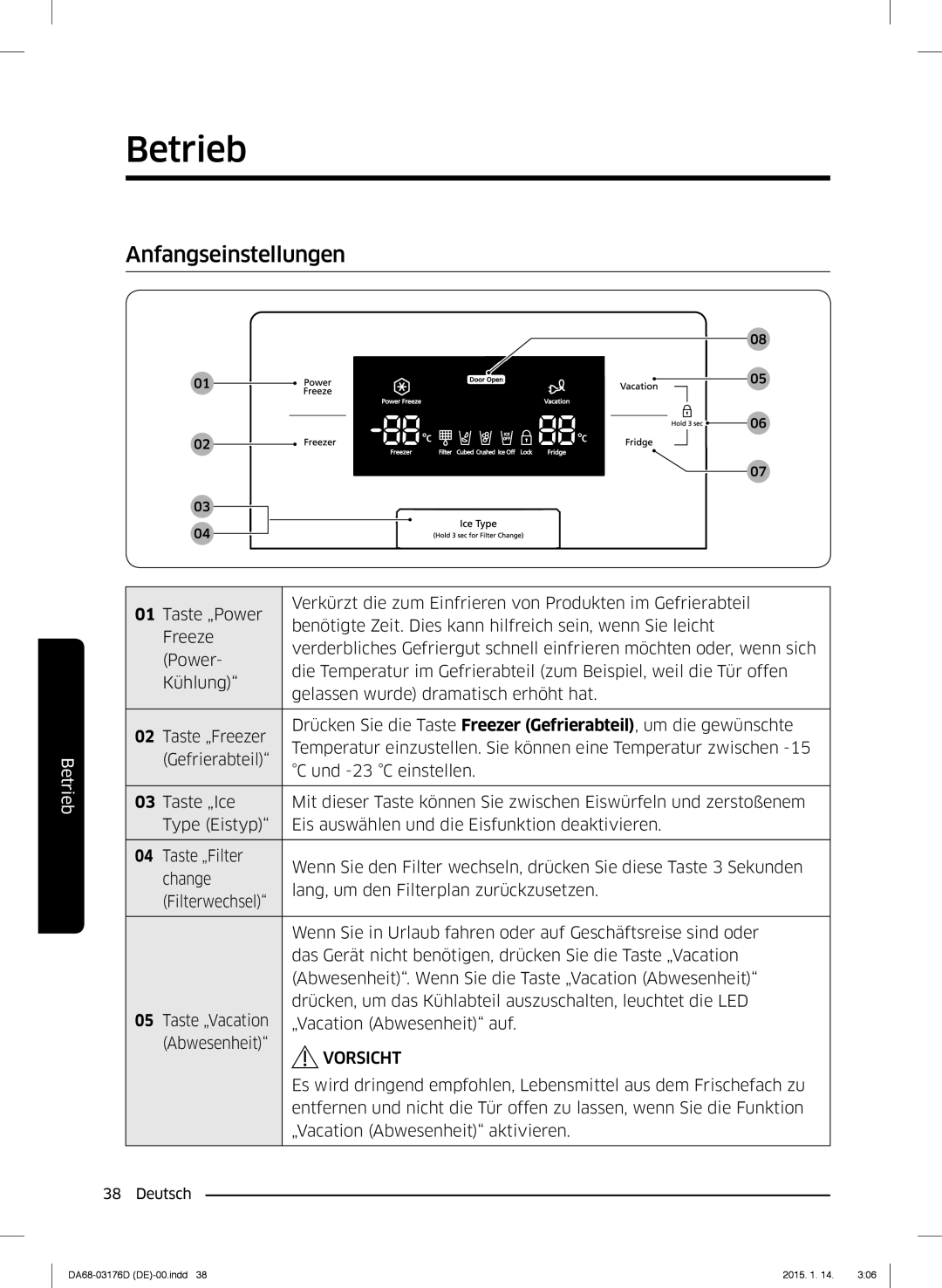 Samsung RH56J6917SL/TR, RH56J6918SL/EF manual Betrieb, Anfangseinstellungen 